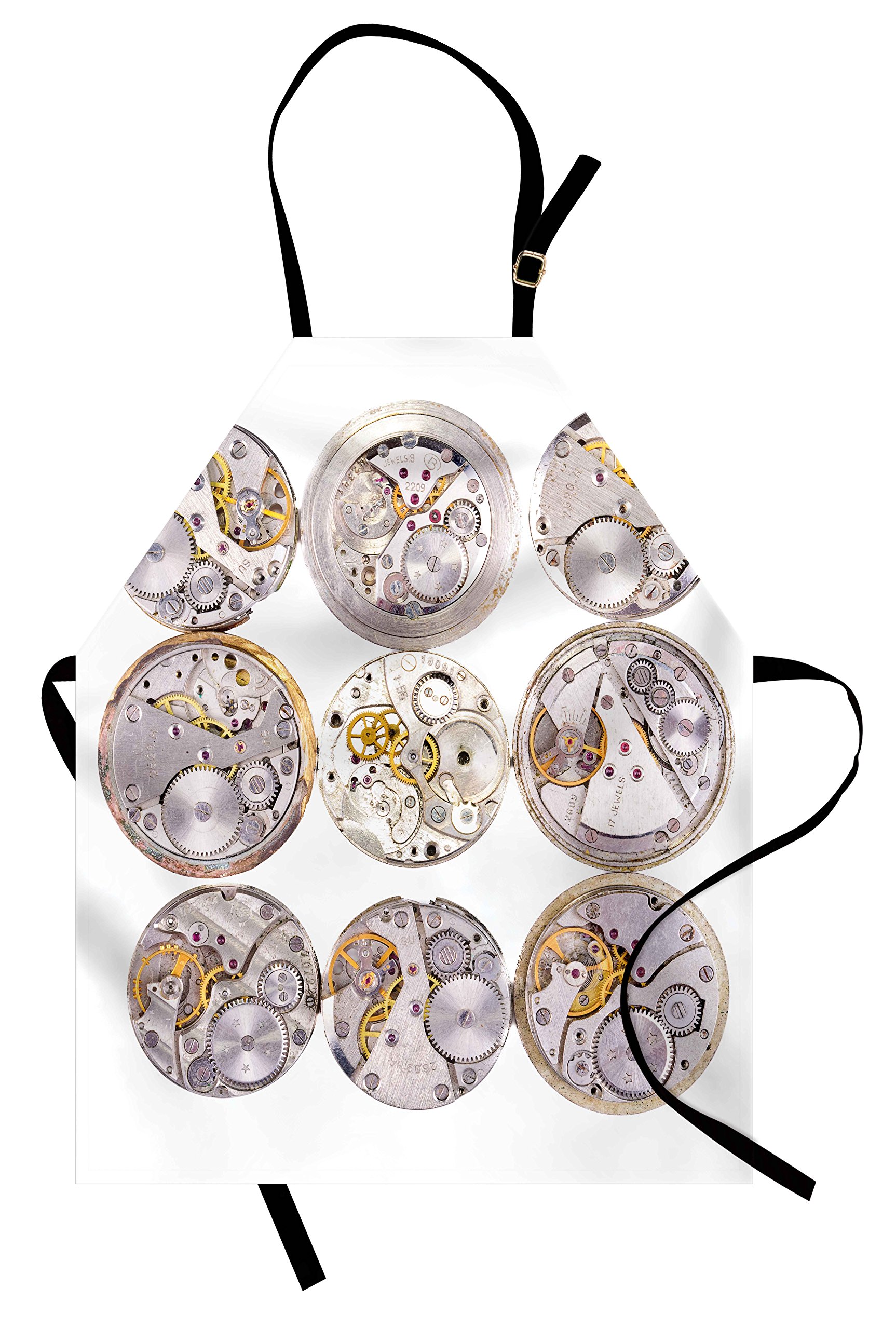 Ambesonne Watch Repair Themed Apron - Unisex Adjustable Kitchen Bib for Cooking, Baking, Gardening - Retro Clockwork Design in Grey & Yellow - Perfect for Watchmakers, Chefs & DIY Enthusiasts