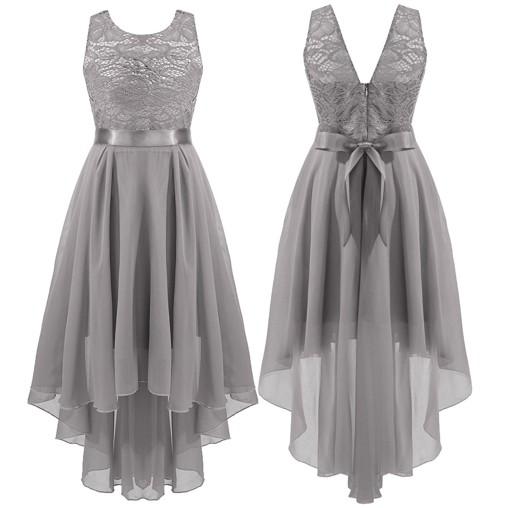 Girls Chiffon Sleeveless Floral Lace Bridesmaid Dress with High-Low Hem - Perfect for Weddings, Flower Girls, and Special Occasions
