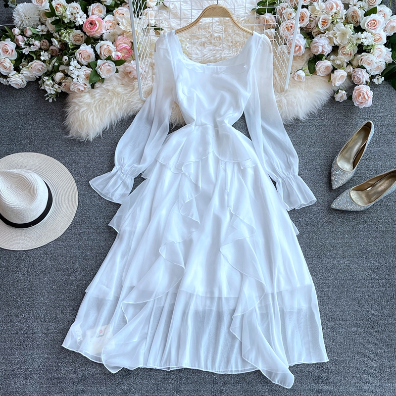 Elegant White Long Sleeve Fairy Dress with Square Collar and Ruffles - Perfect for Autumn Weddings, Parties & Special Occasions