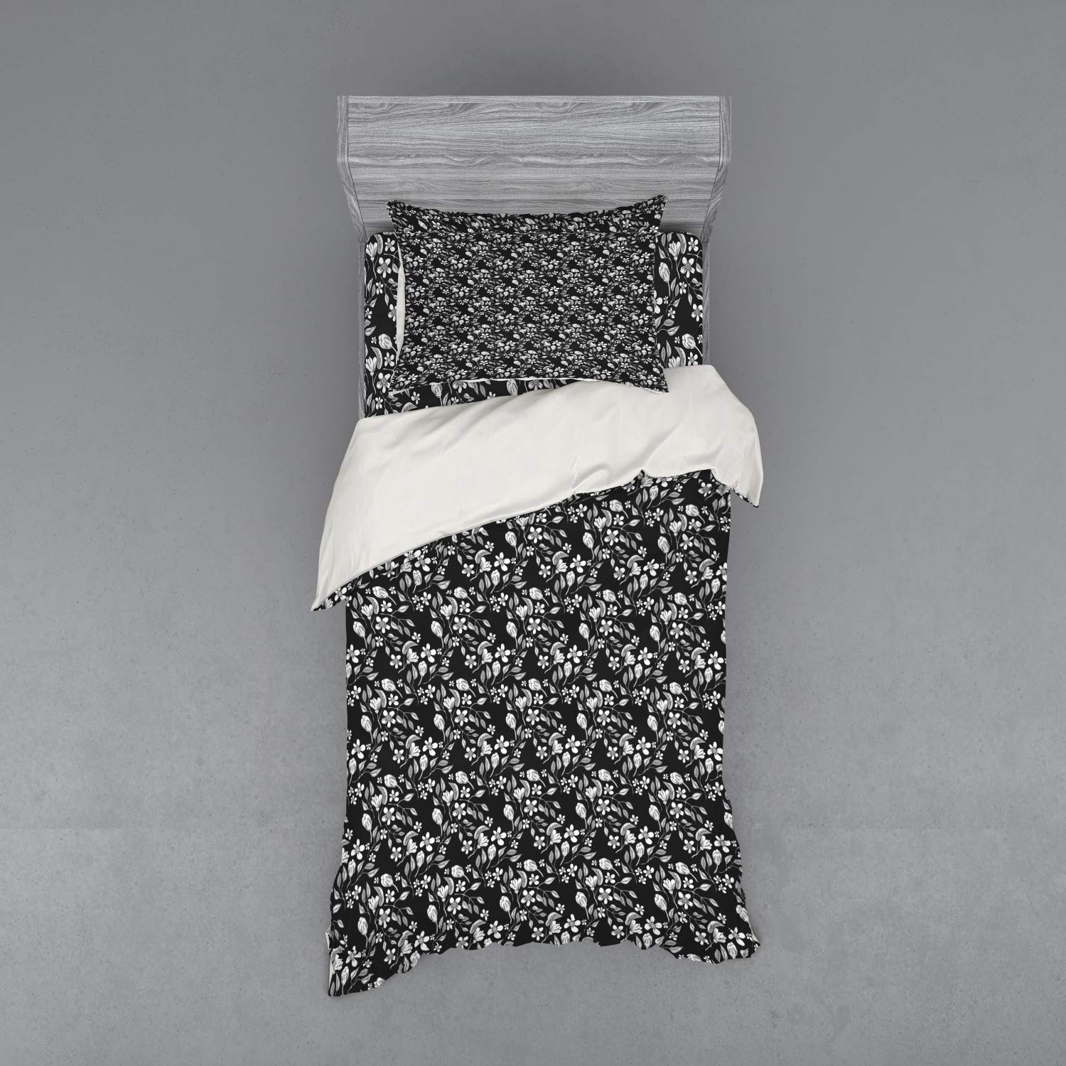 Ambesonne Floral Duvet Cover Set - Vintage Botanical Blossom Print 3-Piece Bedding Set with Pillow Sham & Fitted Sheet, Twin Size Grey Multicolor - Perfect for Spring Bedroom Decor & Boho Chic Home Styling