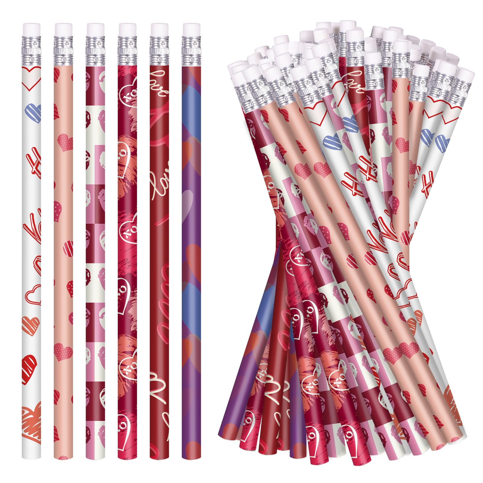 Valentine's Day Wood Pencils Bulk Pack with Erasers - 6 Styles (48 Count) for Classroom Parties, School Supplies & Holiday Gifts | Perfect for Valentine's Exchange, Teacher Appreciation & Student Rewards