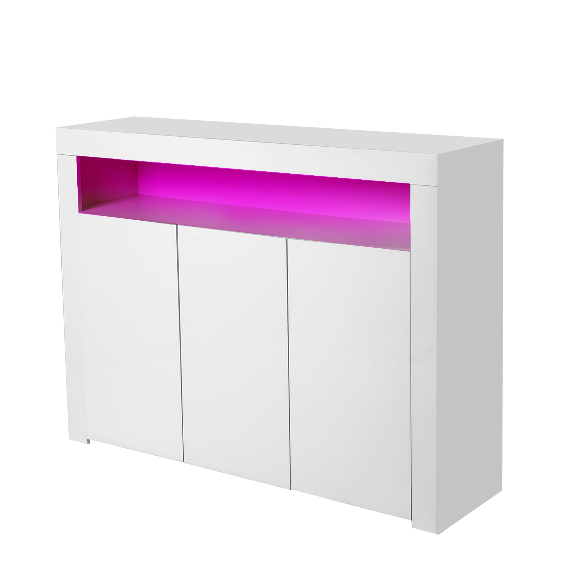White High Gloss LED Buffet Cabinet with Shelves & Doors - 3-Door Storage Sideboard for Entryway, Hallway, Kitchen, Home Office & Bar | Modern Home Organization & Display Solution
