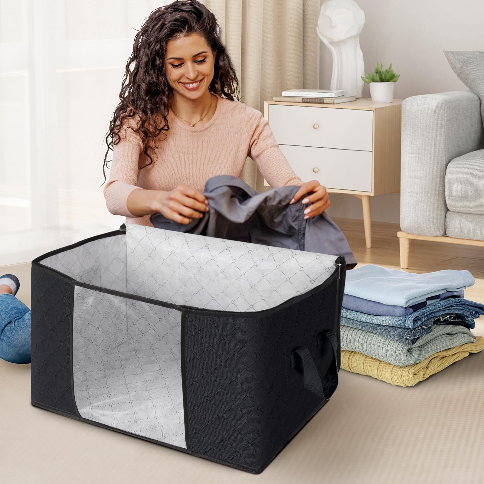 8-Pack Foldable Thick Fabric Storage Bags - Large Clothes & Blanket Organizer for Bedroom, Closet, Comforter | Durable Storage Containers with Handles (Black) | Perfect for Seasonal Clothing Rotation & Space Saving Storage