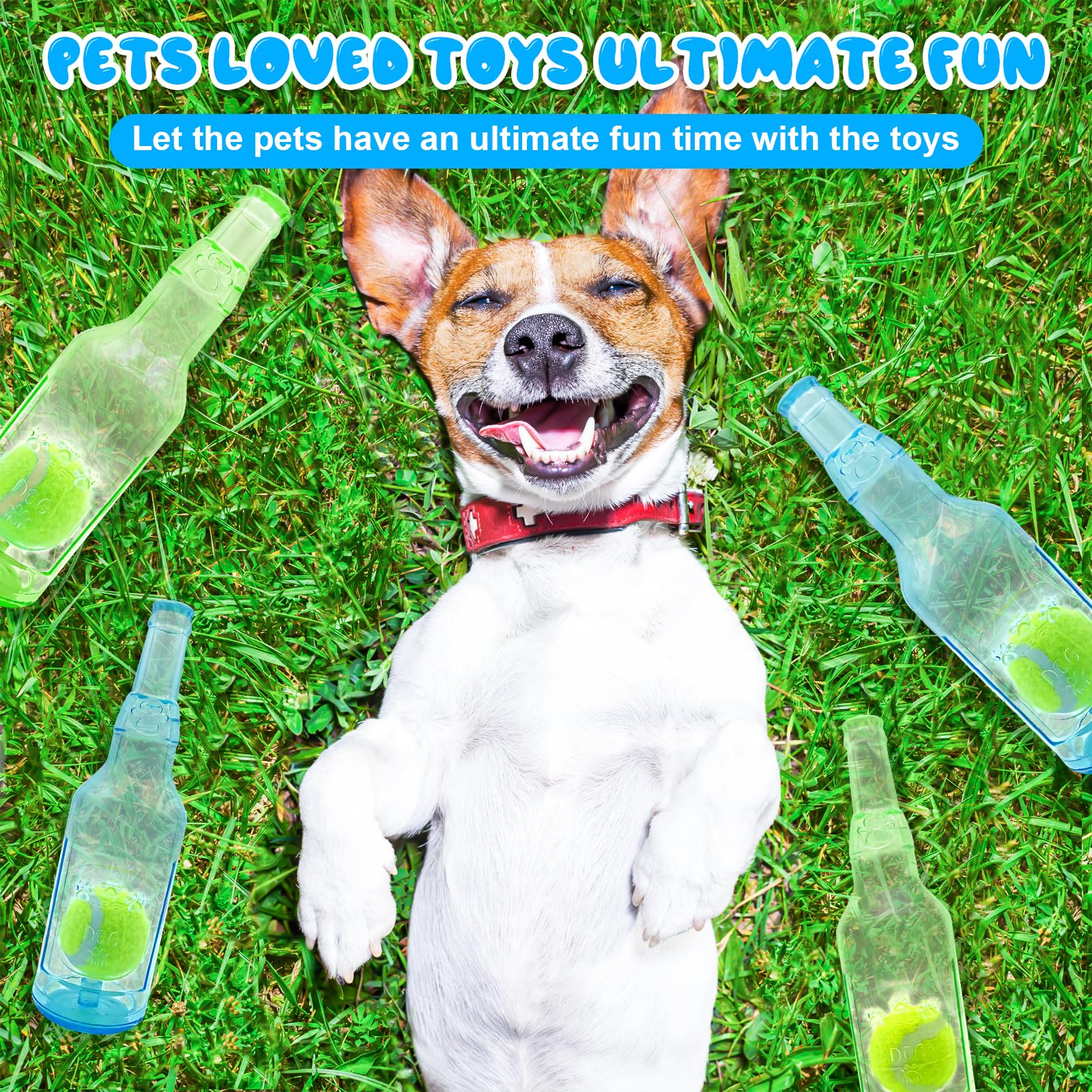 Aerbee 2Pcs Squeaky Rubber Water Bottle Dog Toys with Tennis Ball - Interactive Chew Toys for Dental Health, Outdoor Play, and Training (Blue & Green) for Active Dogs