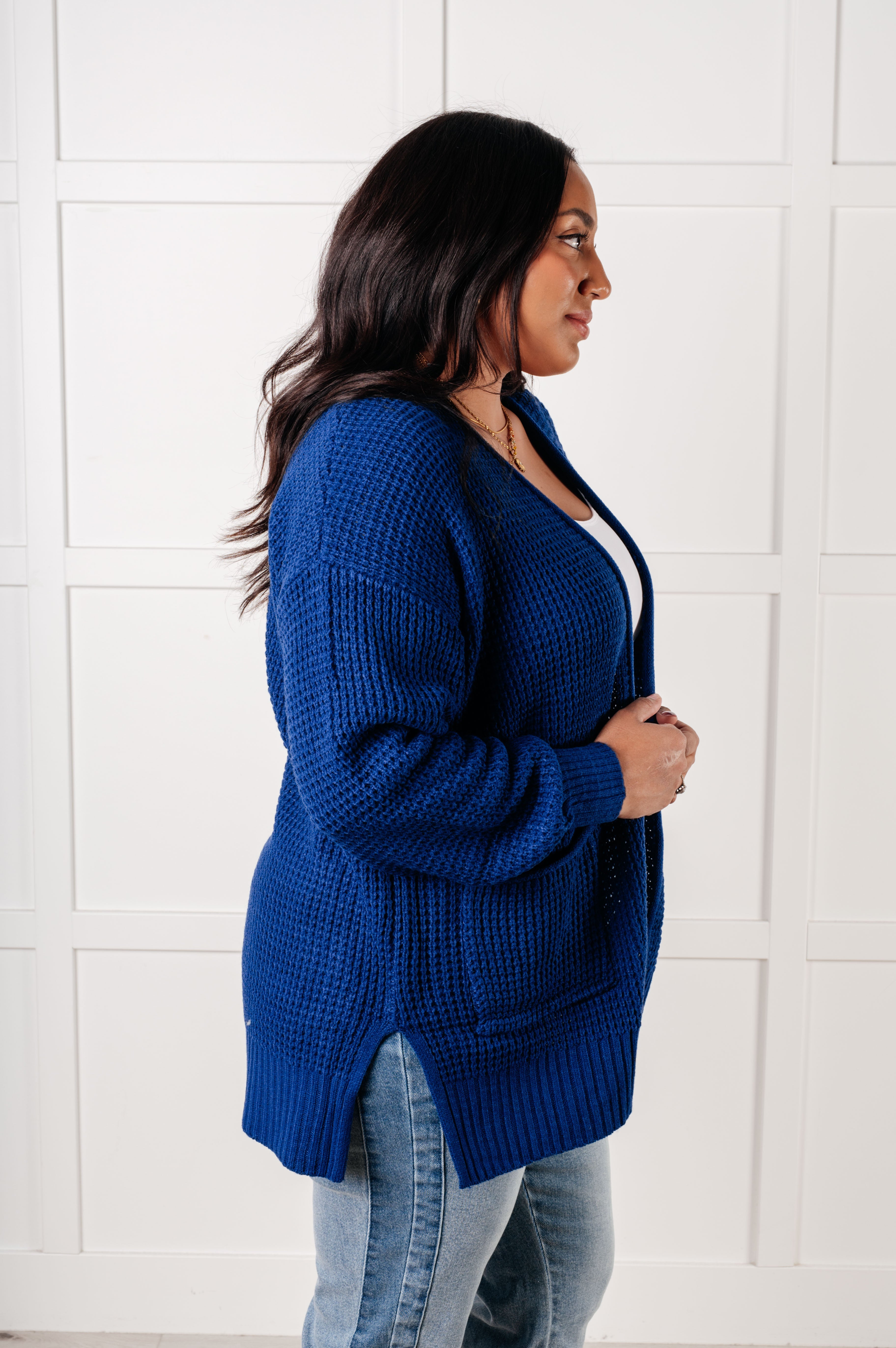 Light Navy Waffle Knit Open Front Cardigan for Women - Cozy Long Sleeve Loose Fit Sweater - Perfect for Fall Layering, Casual Outfits & Lounge Wear