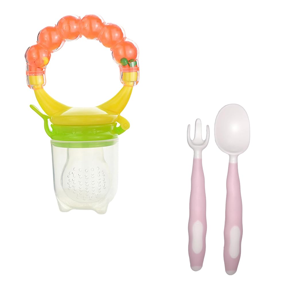 Kritiu BPA-Free Silicone Baby Rattle Teether & Spoon Set - Safe Infant Teething Toys & Feeding Utensils for 6+ Months (Orange & Pink) - Perfect for Soothing Sore Gums & Introducing Solid Foods