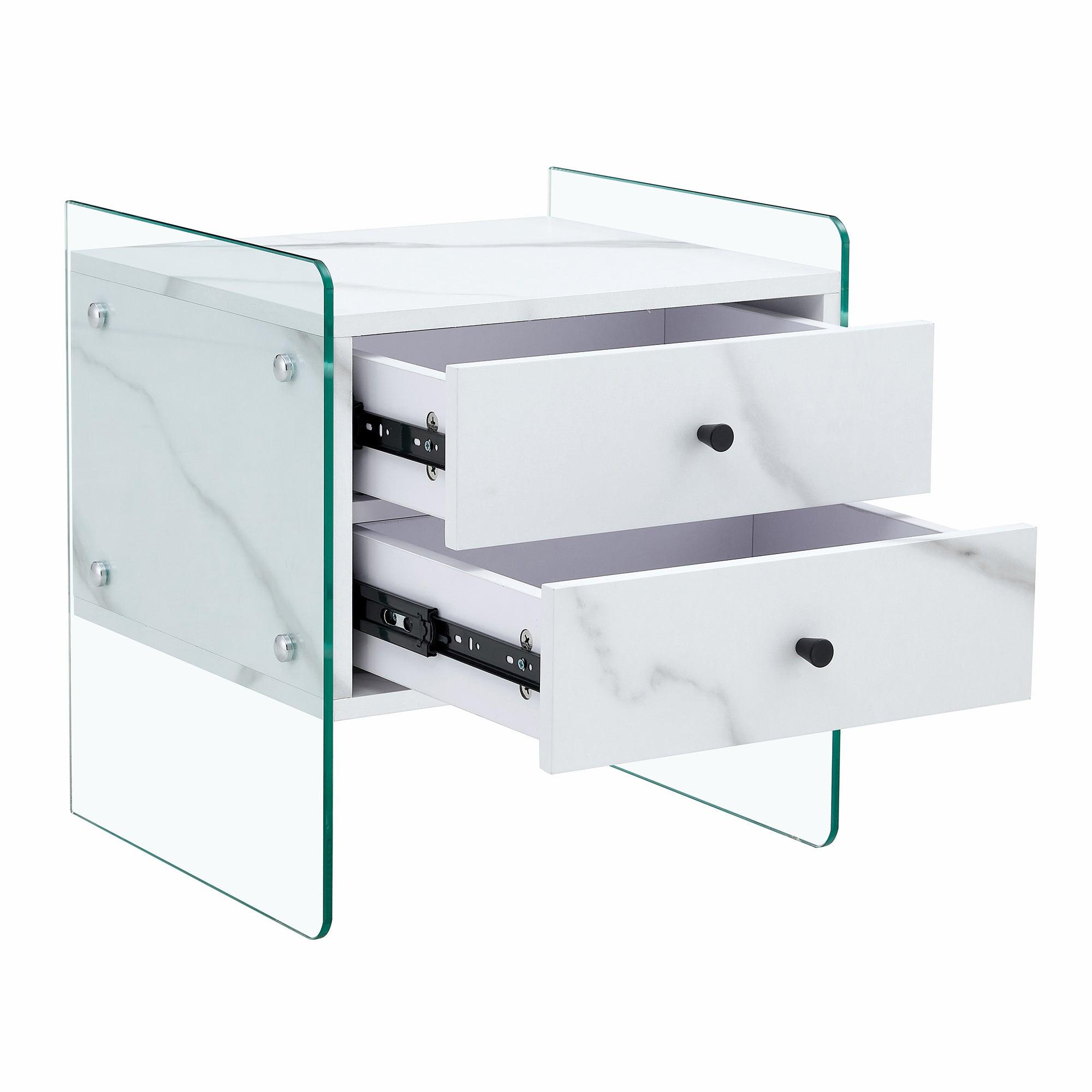 Modern Double Drawer Bedside Table with MDF Sticker Surface & Tempered Glass Sides - Simple Elegant Design, Excellent Storage for Bedroom, Living Room, or Office Use