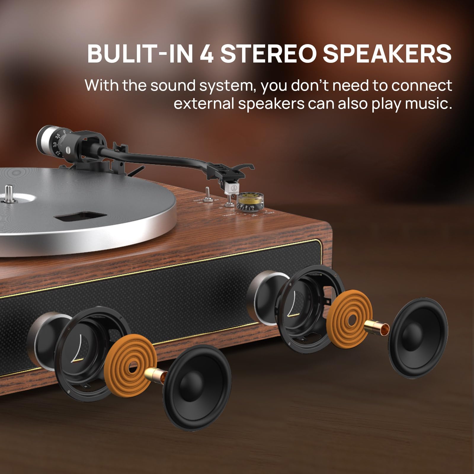 Wireless Bluetooth Turntable with Built-in Speakers - Belt Drive Vinyl Record Player with Auto Stop, 33/45 RPM Speed, RCA & AUX Output - Perfect for Home Entertainment & Vinyl Enthusiasts
