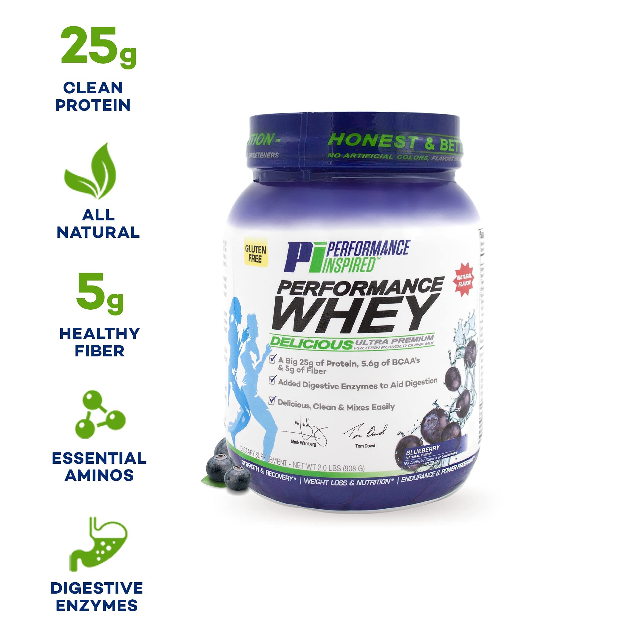 Performance Inspired Whey Protein Powder - All Natural, 25G Protein, BCAAs, Digestive Enzymes & Fiber - Blueberry Flavor, 2lb for Muscle Recovery & Post-Workout Nutrition