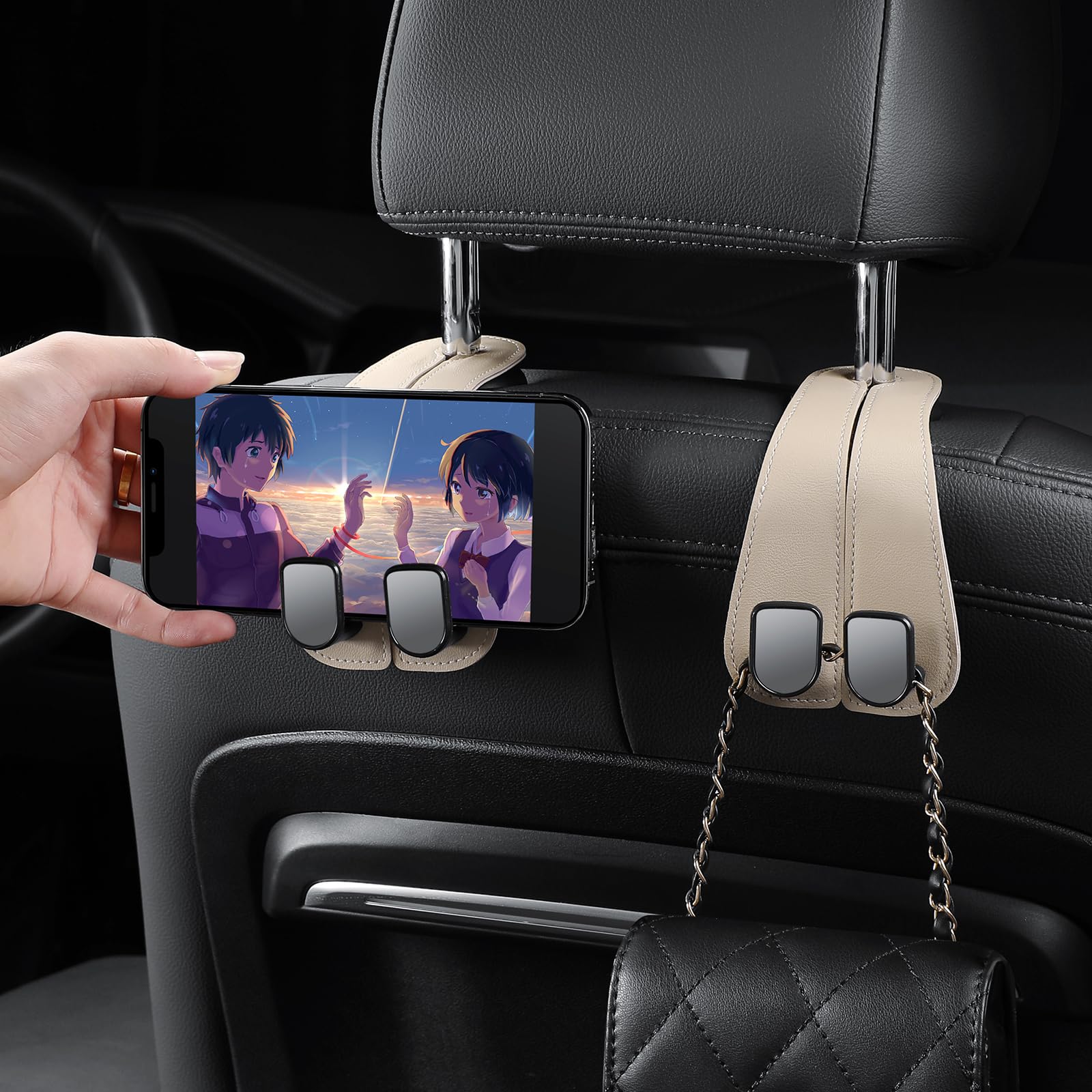 2 Pack KAFANLIN Car Headrest Hooks - Premium Leather Back Seat Hooks for Purses, Bags & Handbags - Cute Pink & Beige Car Accessories for Women - Perfect for Shopping, Travel & Daily Commute (Beige)