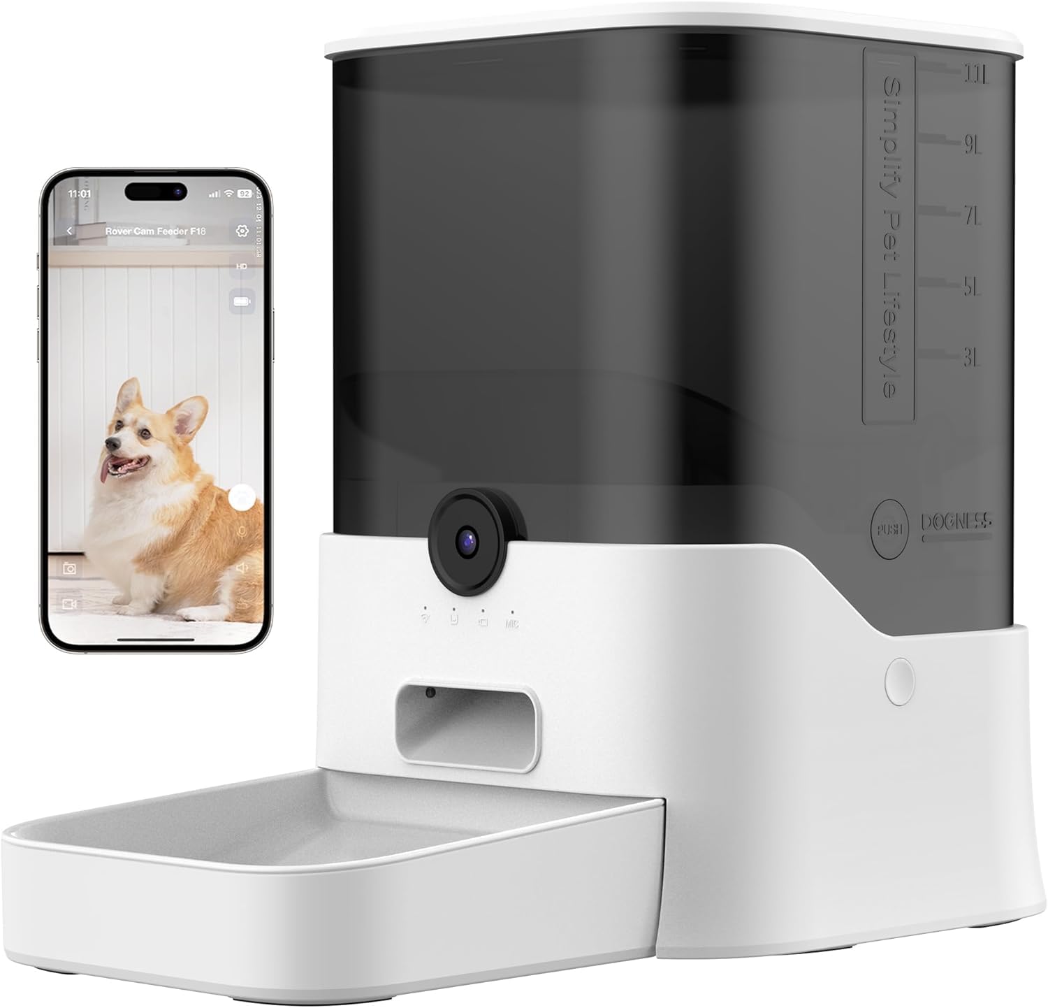 DOGNESS Automatic 11L Smart Dog Feeder with HD Night Vision Camera - APP Controlled Pet Food Dispenser for Dogs & Cats - 2.4G WiFi, 5000mAh Battery & Plug-in Power - Perfect for Travel, Workdays & Multi-Pet Homes (White)