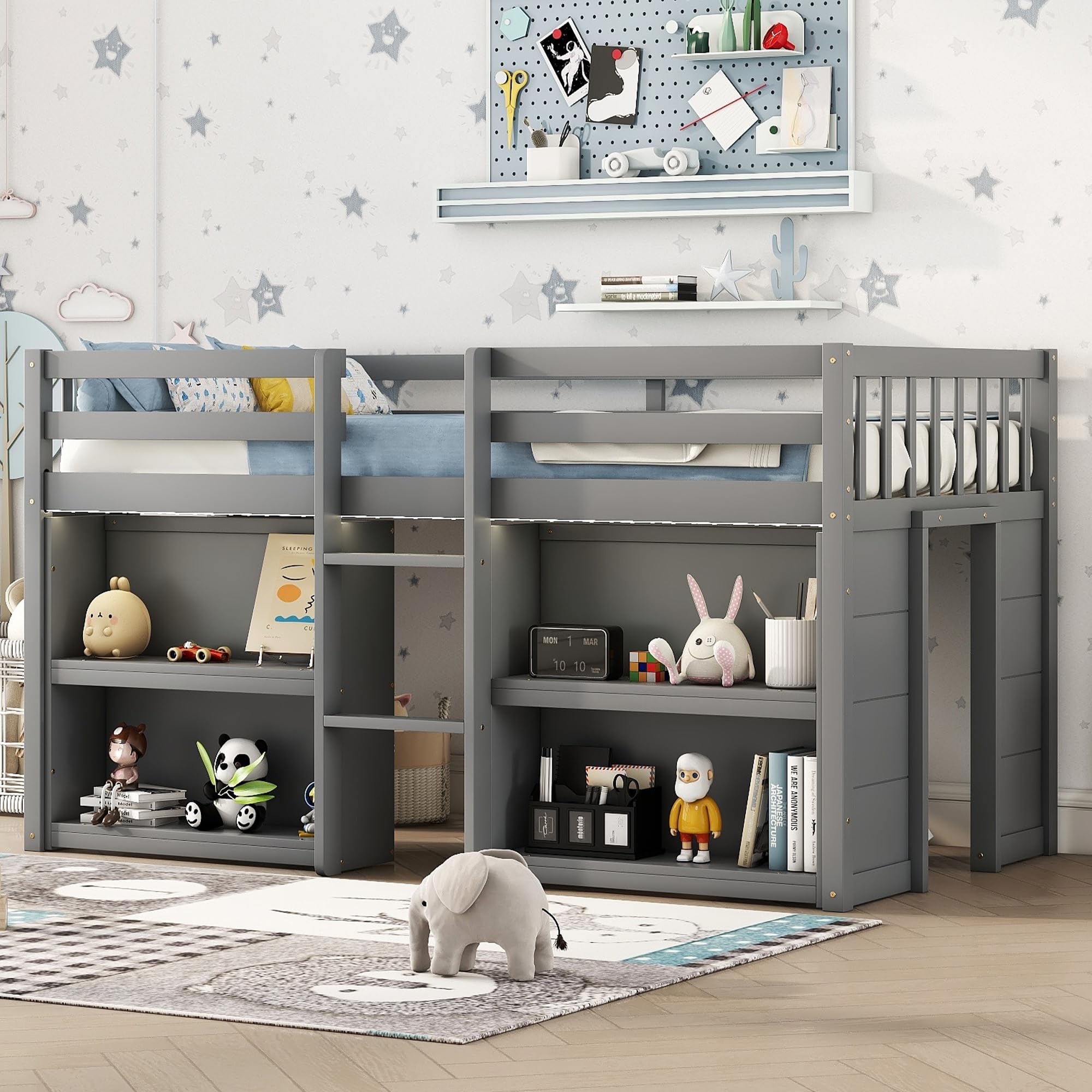 LED Twin Size Low Loft Bed with Storage Shelves & Built-in Lights - Space-Saving Kids Bed Frame for Boys & Girls, Grey - Perfect for Small Bedrooms, Dorm Rooms & Kids' Sleepovers