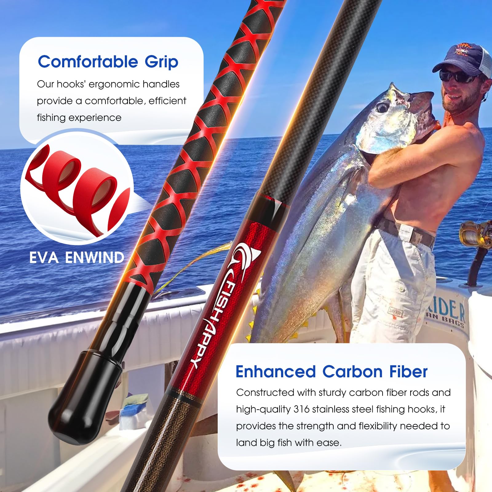 **Saltwater Fishing Gaff with S316 Stainless Steel Hook & Carbon Fiber Pole – Heavy Duty Fish Gaff for Deep Sea, Boat, and Offshore Fishing**