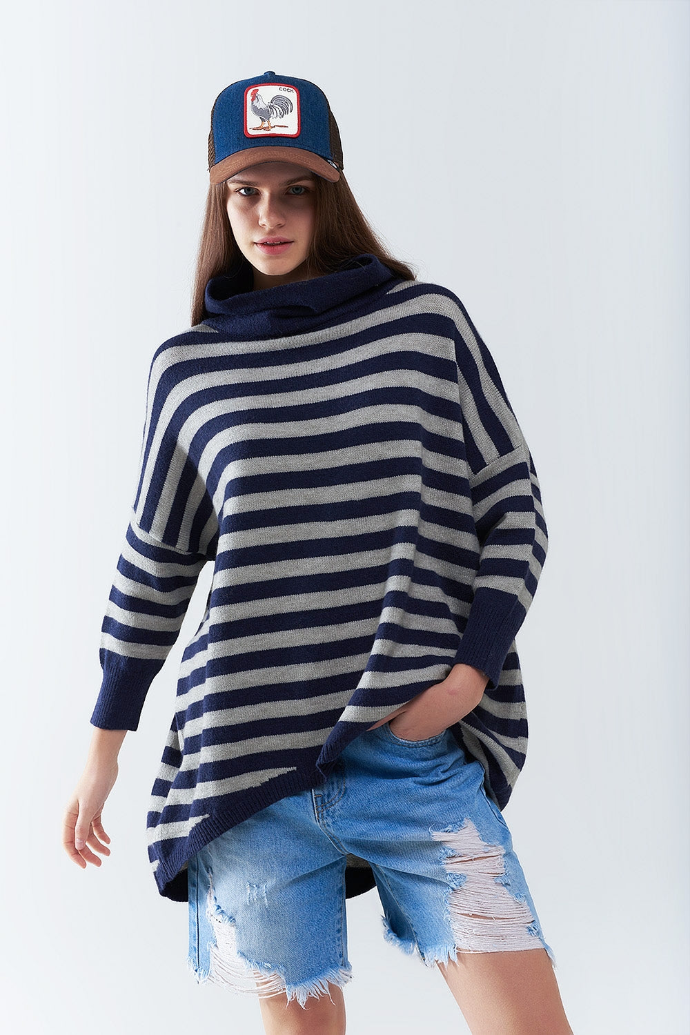 Oversized Batwing Sleeve High Neck Pullover Sweater in Navy Blue & Gray Stripes - Perfect for Casual Outfits, Layering, and Cold Weather Fashion
