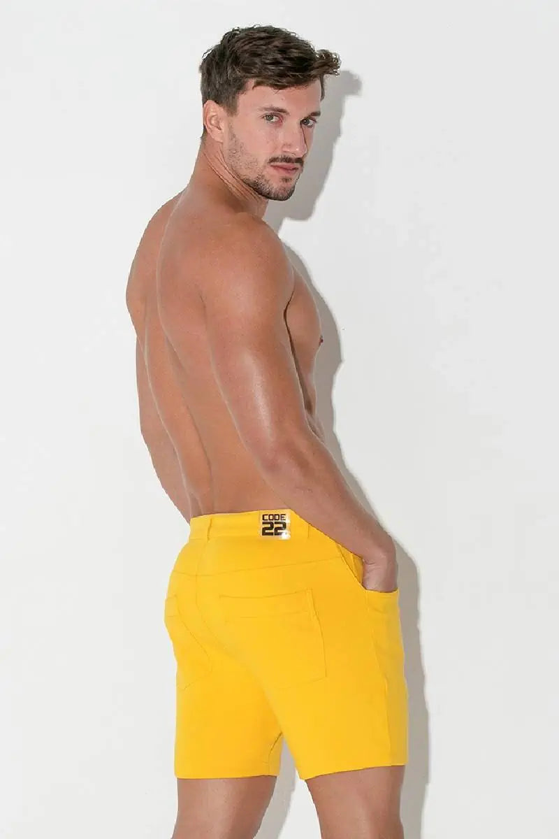 Code 22 Slim Fit 5-Pocket Stretch Shorts for Men - Comfortable Casual Wear (Yellow) | Perfect for Summer, Gym & Outdoor Activities