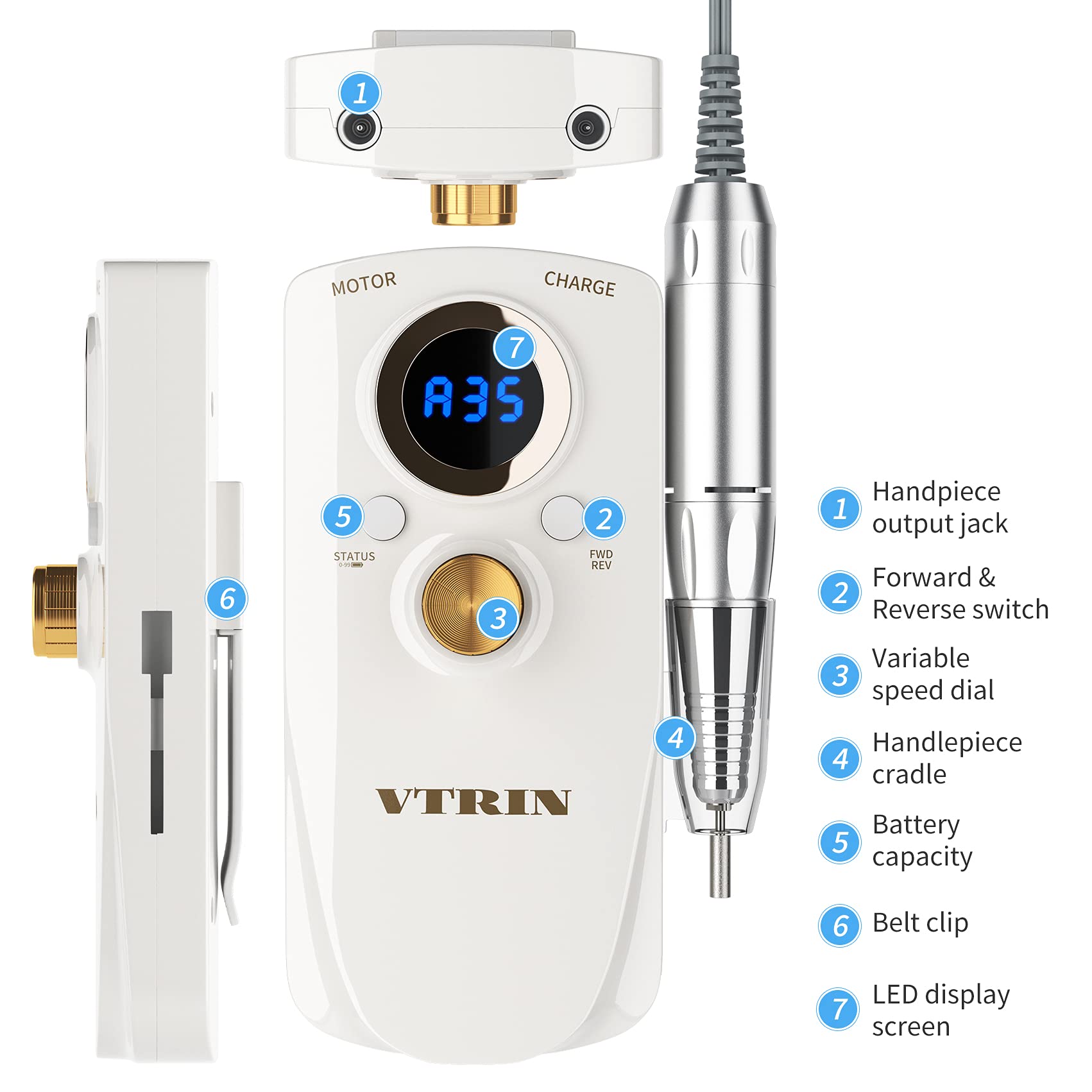 VTRIN Professional Electric Nail Drill Kit - Portable Nail File Machine for Acrylic Nails with 6 Drill Bits & Sanding Bands - Low Heat High Speed Nail Art Tool for Salon, Home & DIY Manicure/Pedicure - Perfect for Nail Extensions, Gel Polish Removal & Nail Shaping