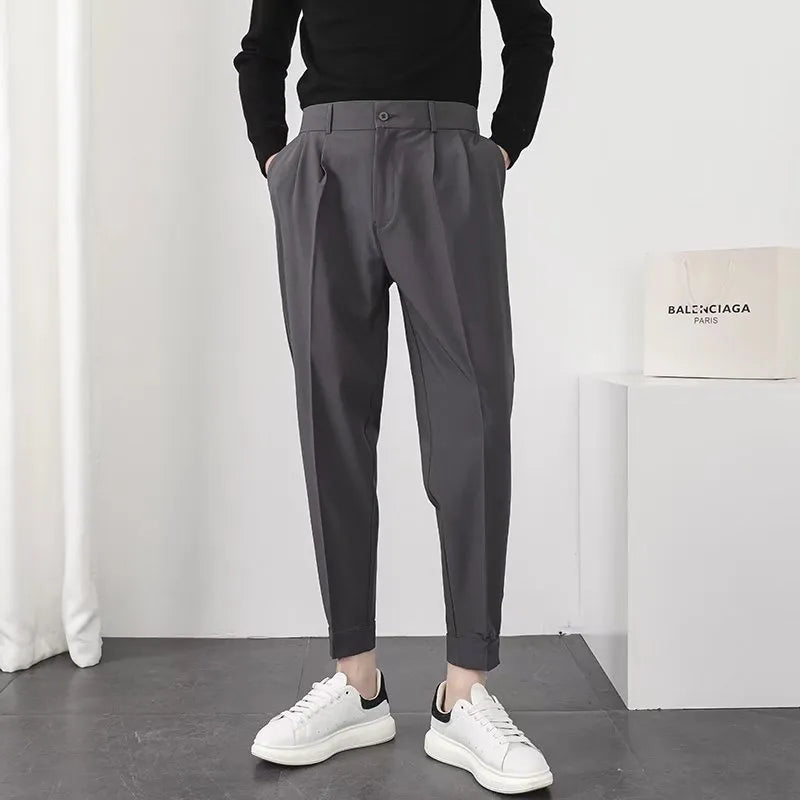 Stylish Men's Casual Elastic Waist Slim Fit Tapered Korean Blazer Pants - Streetwear Fashion for Work, Date Night & Everyday Wear