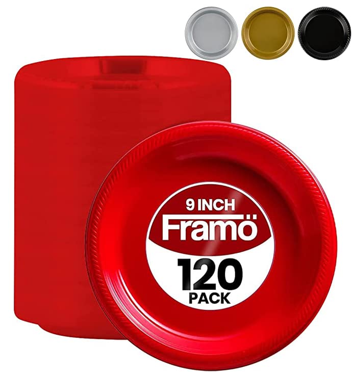 120-Pack 9-Inch Disposable Red Plastic Plates for Parties, Picnics, BBQs, Travel & Special Events - Bulk Round Dinner Plates for Easy Cleanup & Convenience