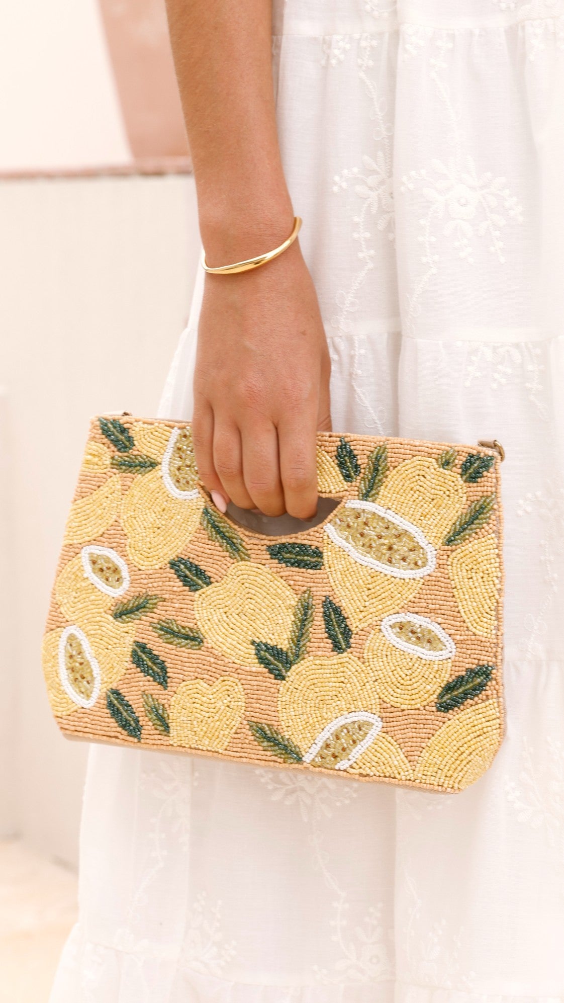 Lucielle Lemon Beaded Clutch Handbag - Yellow & Camel Crossbody Purse for Women, Evening Party & Wedding Accessories