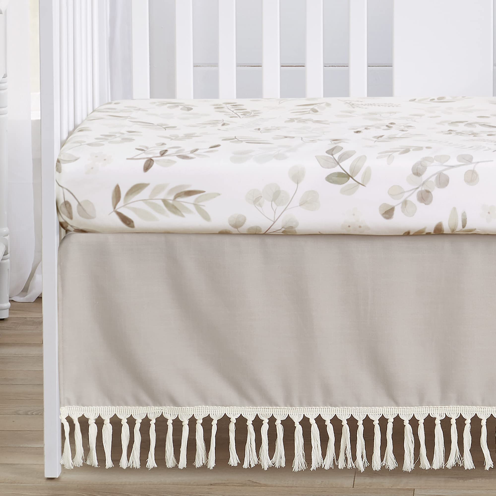 Sweet Jojo Designs 4-Piece Baby Crib Bedding Set - Woodland Boho Leaf Nursery Decor for Girls & Infants | Includes Blanket, Fitted Sheet, Skirt & Diaper Stacker | Neutral Taupe Linen Botanical Floral Farmhouse Style | Perfect for Nursery, Baby Shower & Gender-Neutral Room Decor