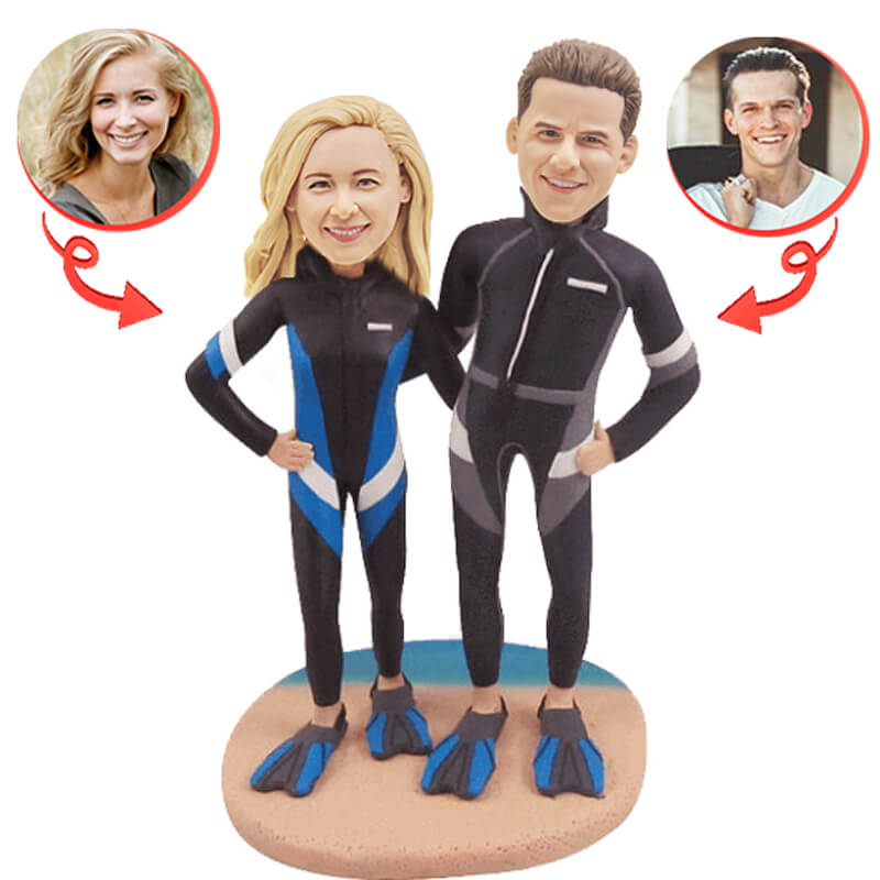 Personalized Diving Couple Beach Bobbleheads - Custom Couples Gift for Anniversary, Wedding & Beach Lovers - Perfect for Home Decor, Office Desk & Vacation Souvenirs