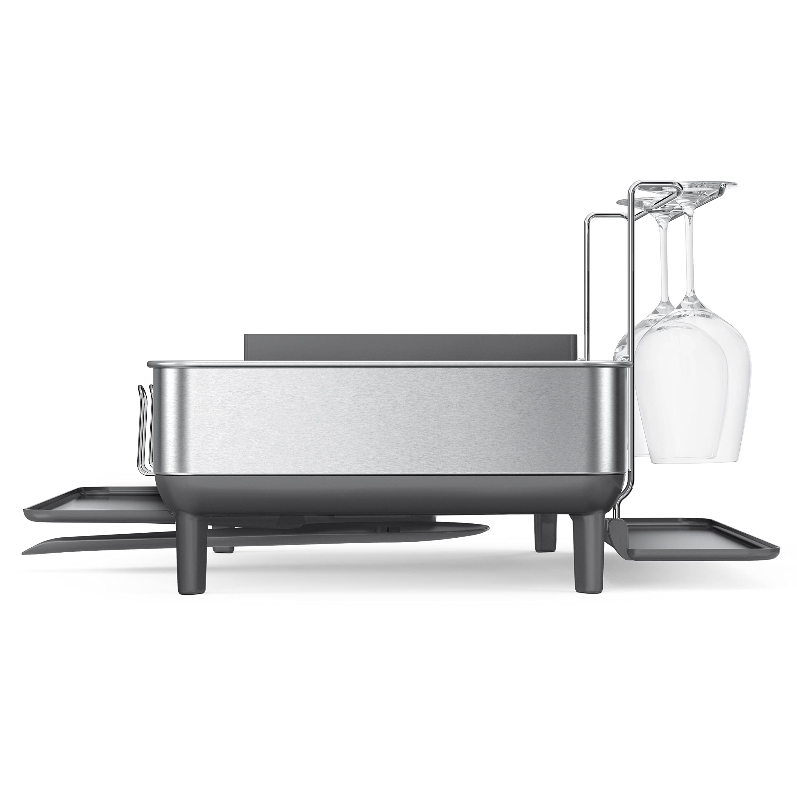 simplehuman Kitchen Dish Drying Rack with Swivel Spout | Fingerprint-Proof Stainless Steel Frame & Grey Plastic Tray | Space-Saving Countertop Organizer for Dishes, Cups & Utensils