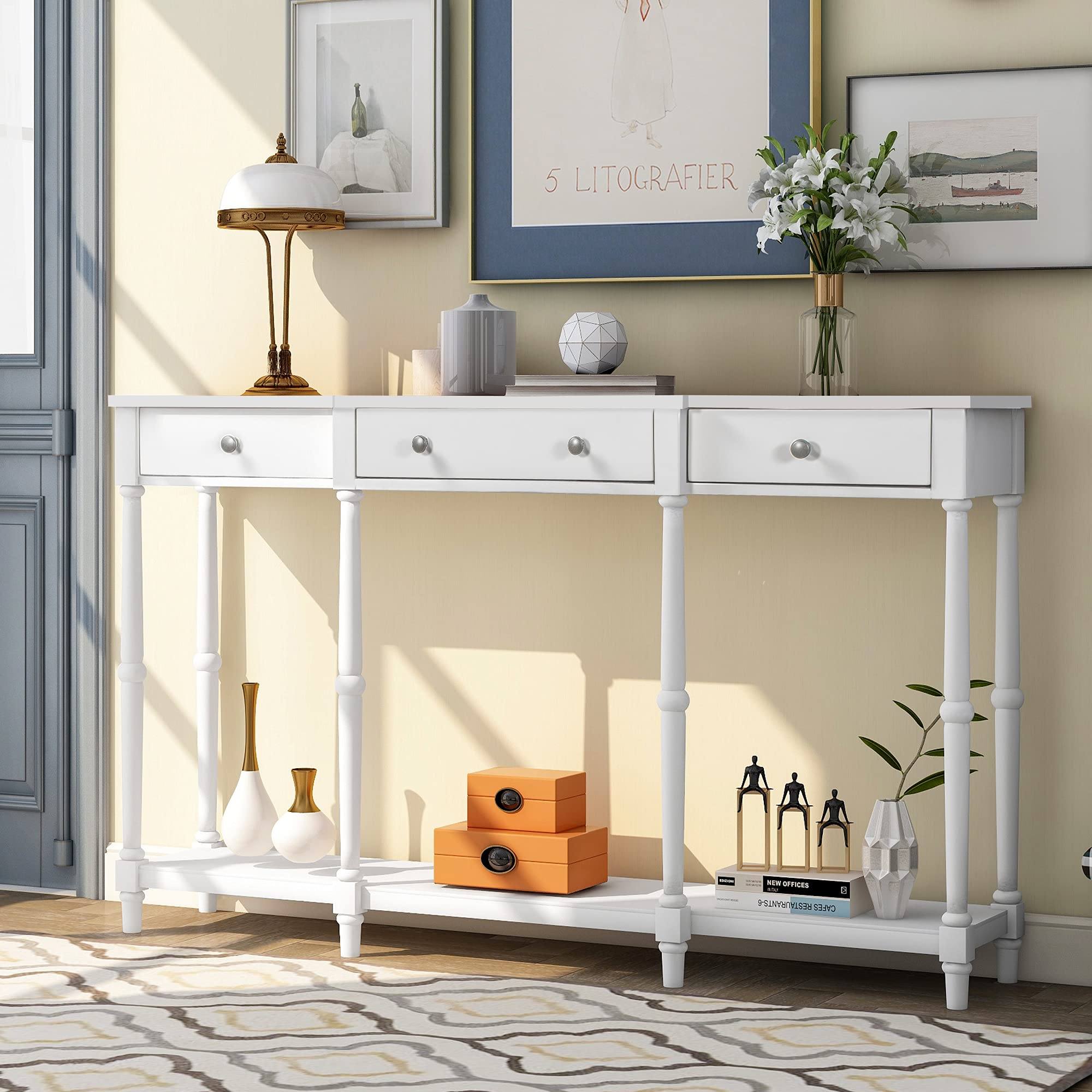 Solid Wood Console Table Sofa Table - Classic Entryway Table with Storage Shelf & Drawer - Narrow Accent Table Furniture for Living Room, Hallway, Bedroom (White)