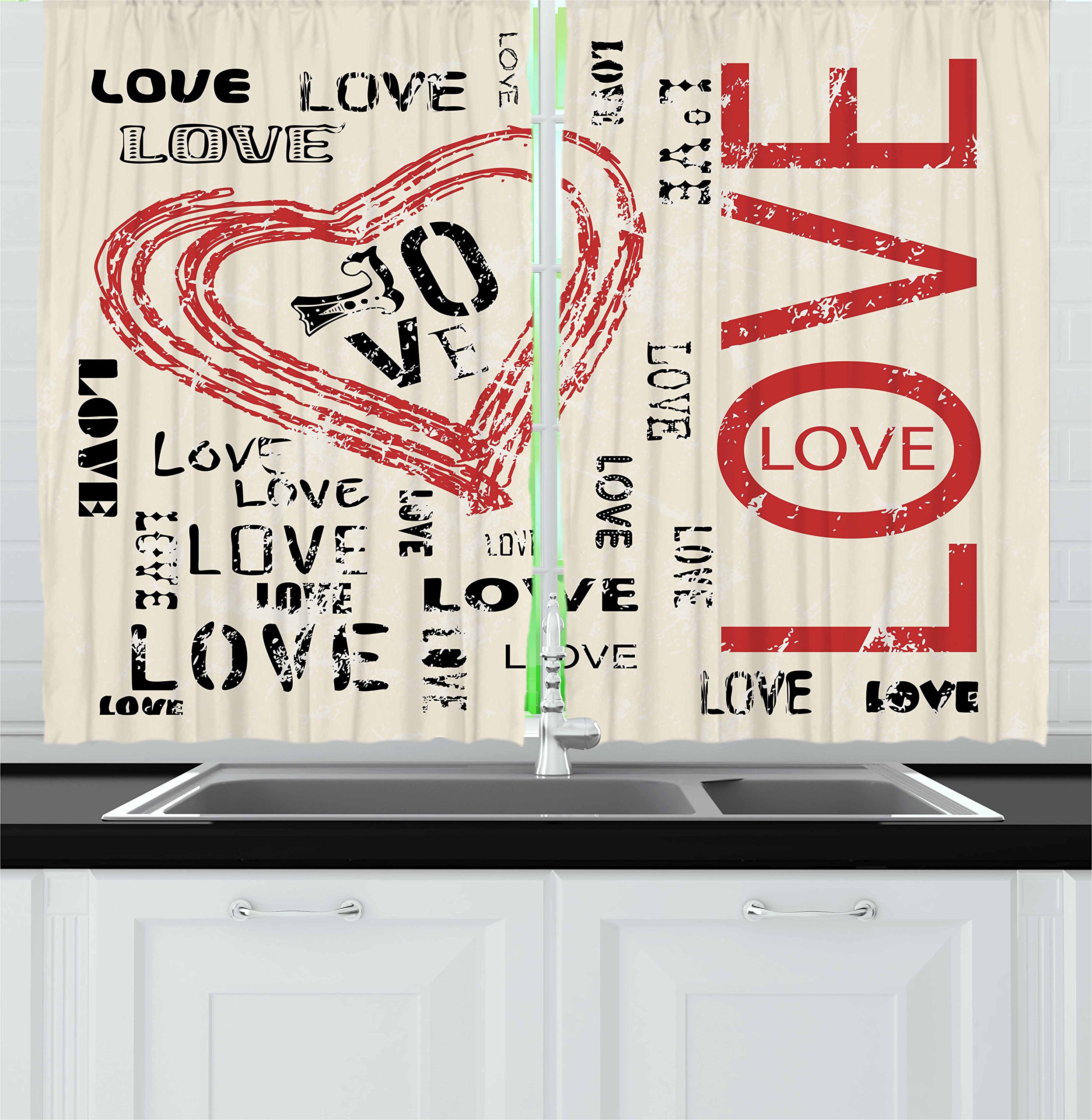 Ambesonne Vintage Love Lettering Kitchen Curtains - 2 Panel Set, 55