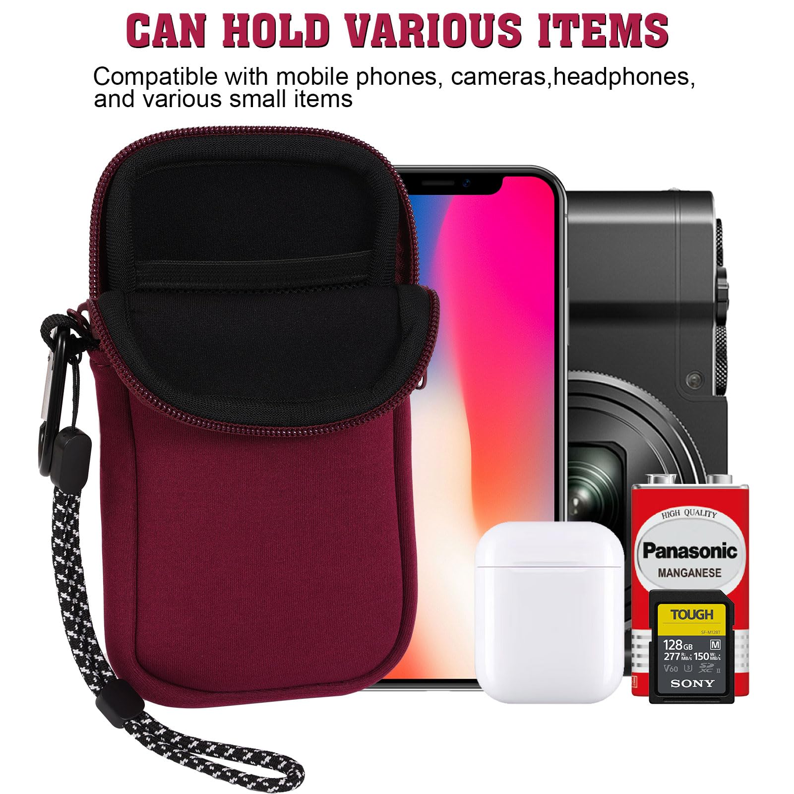 Universal Shockproof Neoprene Phone Pouch with Carabiner & Lanyard - Durable Phone Sleeve Case for iPhone, Samsung & Smartphones up to 7 Inches (Wine Red) - Perfect for Hiking, Travel, Outdoor Adventures & Daily Commute