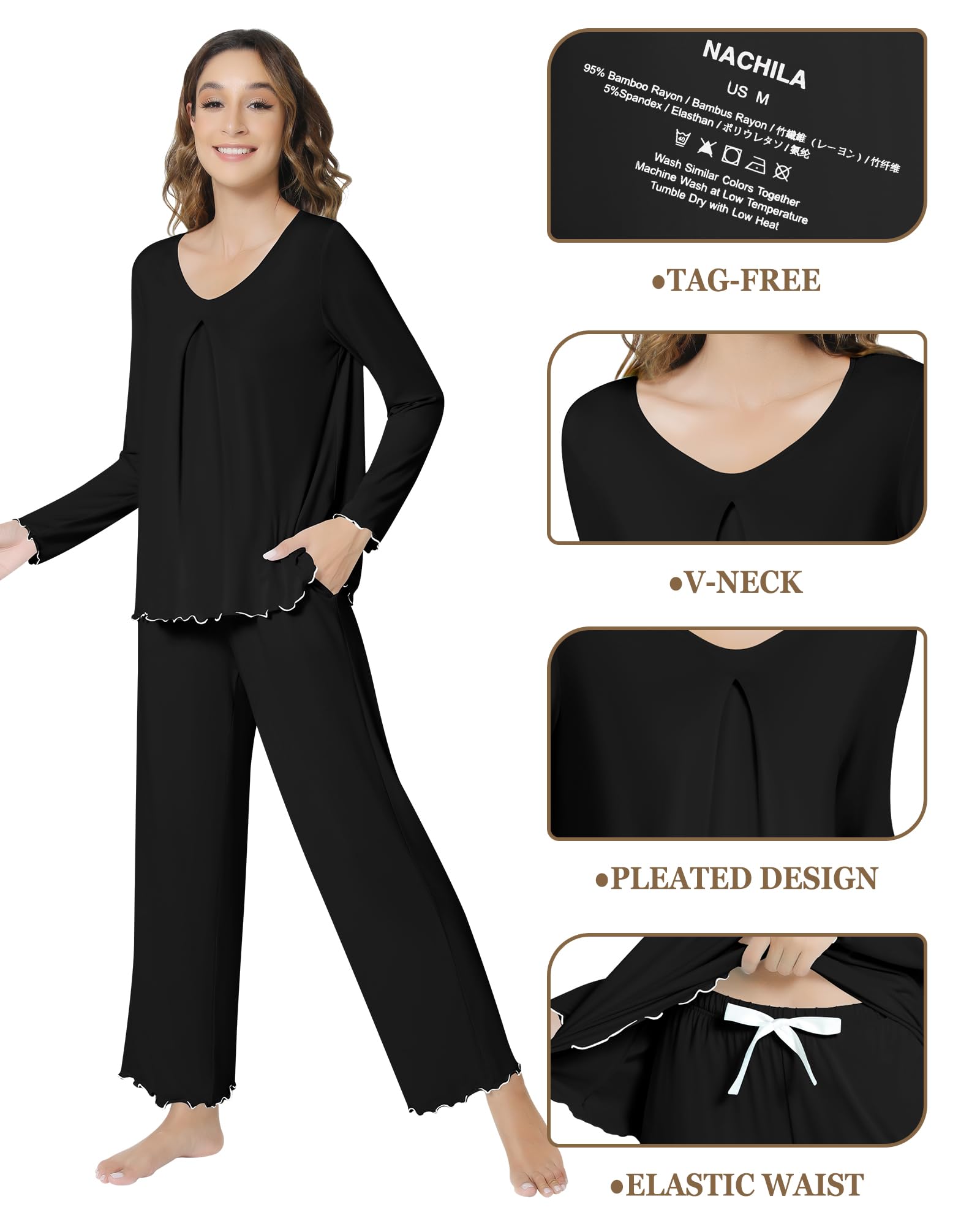 NACHILA Women's Bamboo Viscose Long Sleeve Pajama Set - Soft Sleepwear with Pockets & Pleated Pants for Cozy Nights | Lounge Wear, Sleepwear, Gift for Her