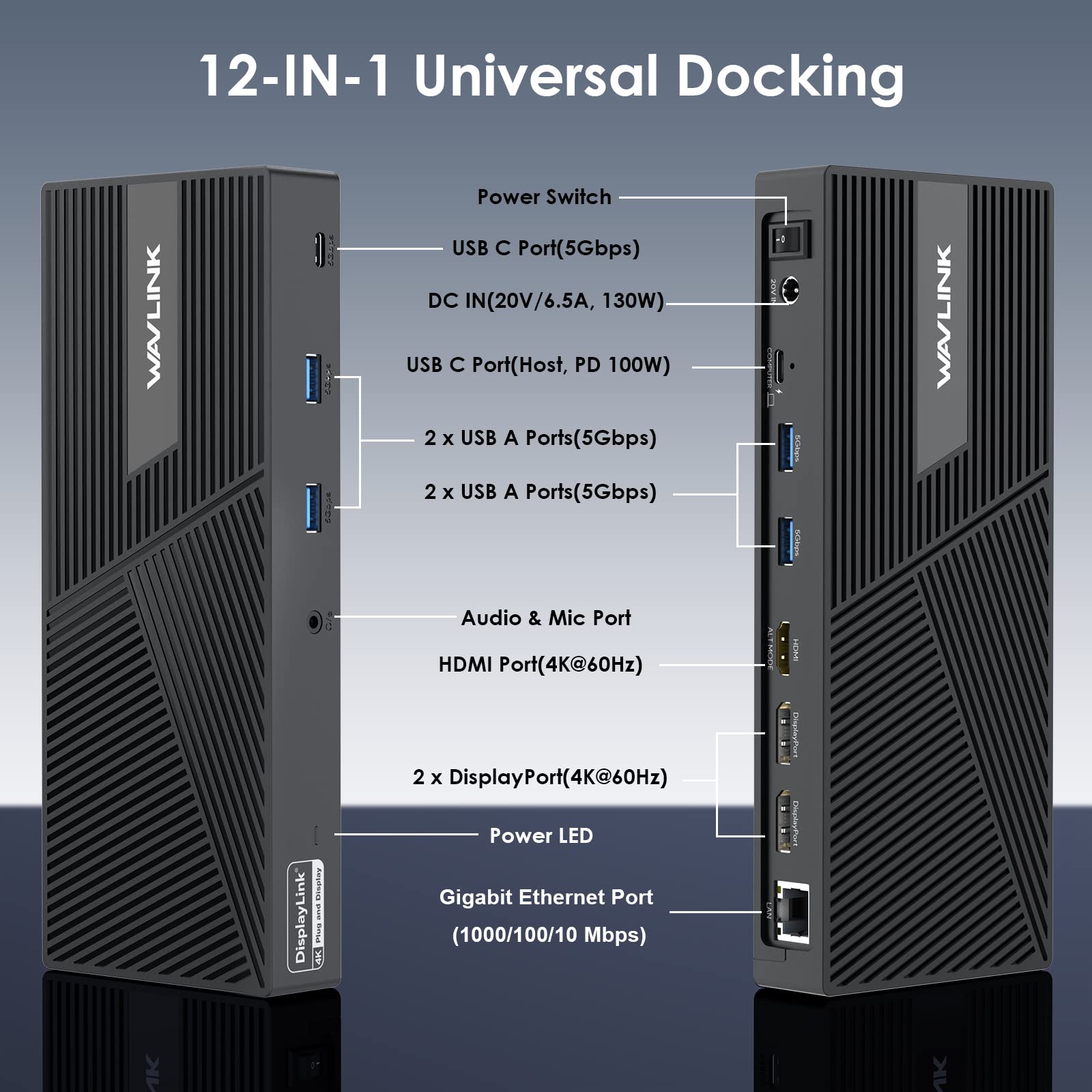 WAVLINK 12-in-1 Triple 4K DisplayLink Docking Station with Dual DP & HDMI Ports, USB A/C, PD Charging - Compatible with MacBook, Dell XPS, Steam Deck, HP, Lenovo ThinkPad, Surface Pro - Perfect for Home Office, Gaming & Multi-Monitor Workstations