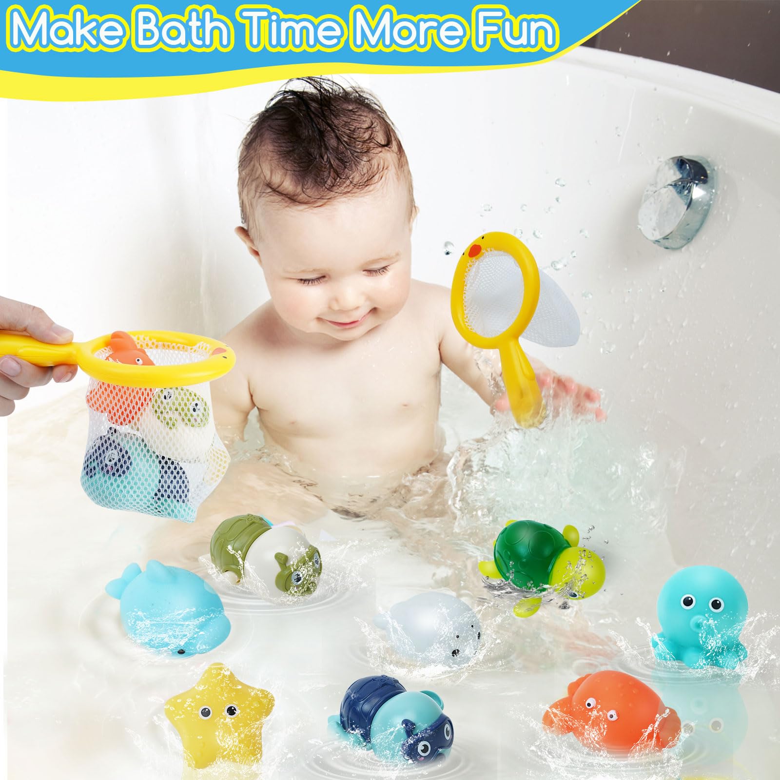 Safe Mold-Free Ocean Animal Bath Toys for Toddlers 1-3 Years - Wind Up Swimming Turtle Pool Toys with Fishing Net & Storage Bag | Fun Floating Water Play for Bathtime, Pool Parties & Early Learning