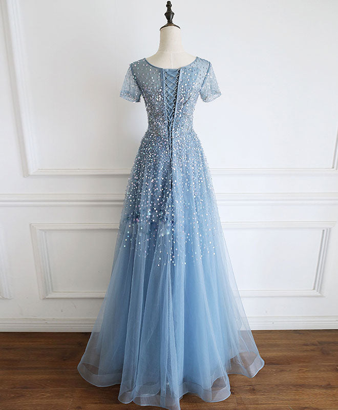 Elegant Blue Round Neck Tulle Sequin Beaded Long Prom Dress - Formal Evening Gown for Homecoming, Quinceañera & Special Occasions