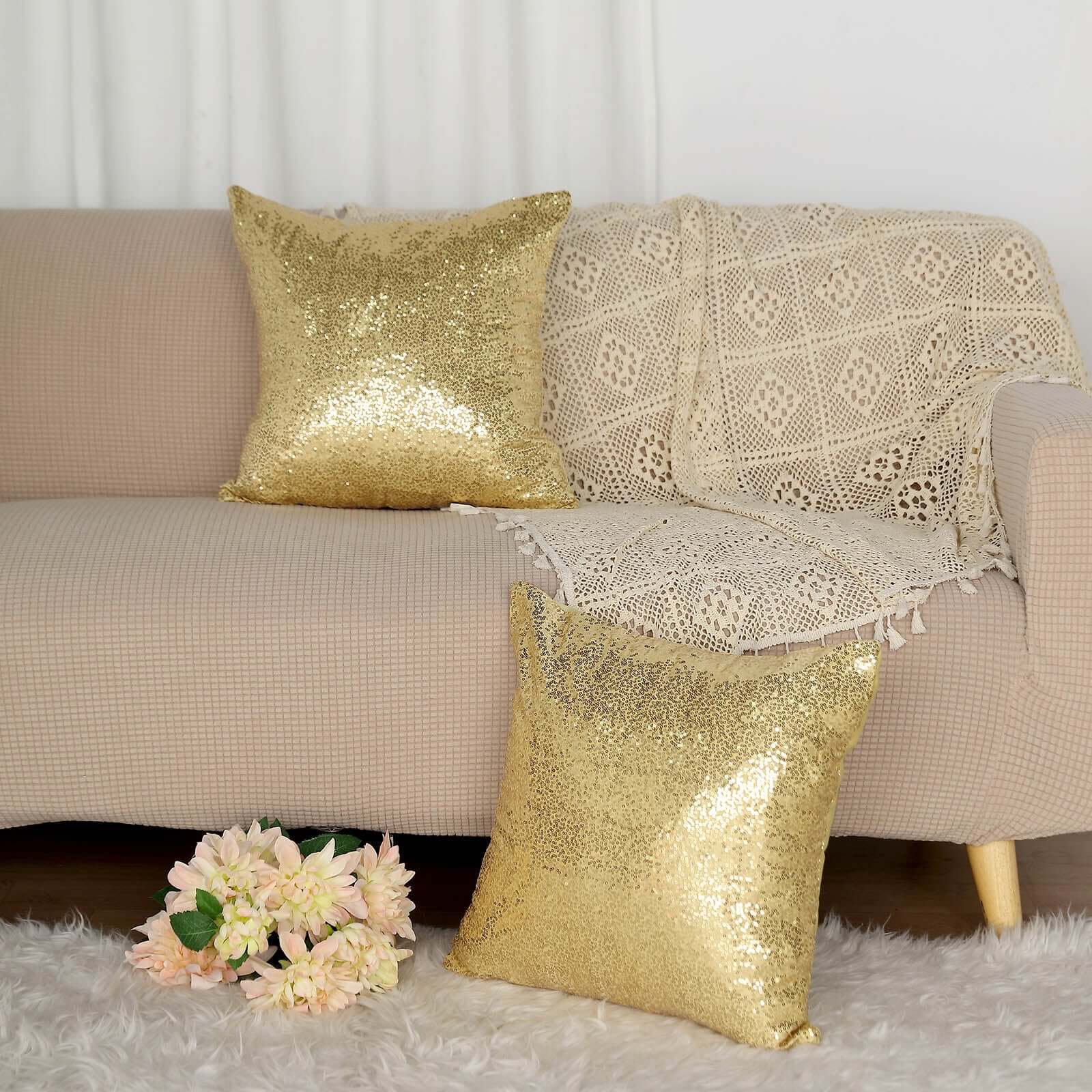 2 Pack 18x18 Inch Sequin Throw Pillow Covers - Square Champagne Decorative Cushion Cases for Sofa, Bed & Home Decor (Reversible Glitter Pillow Shams)    Perfect for Living Room, Bedroom Decor, Wedding Decorations & Gift Ideas
