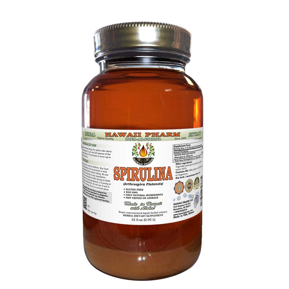 Organic Spirulina Liquid Extract (Arthrospira platensis) - Alcohol-Free, Glycerite Herbal Supplement - 32 fl.oz by Hawaii Pharm USA - Boost Energy & Immunity for Athletes & Health Enthusiasts