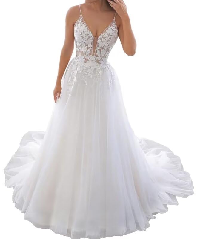 Elegant Deep V Neck Lace Applique Spaghetti Strap Wedding Dress - Chiffon Summer Bridal Gown for Bride | Perfect for Beach Weddings, Outdoor Ceremonies & Romantic Vows