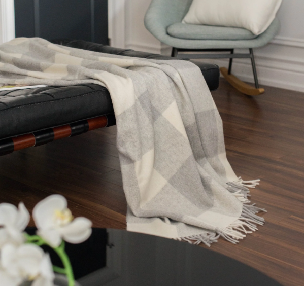 Soft & Sustainable Smoke & Ivory Wool Plaid Throw Blanket - Cozy Winter Home Decor for Sofa, Bed & Fireplace Lounging