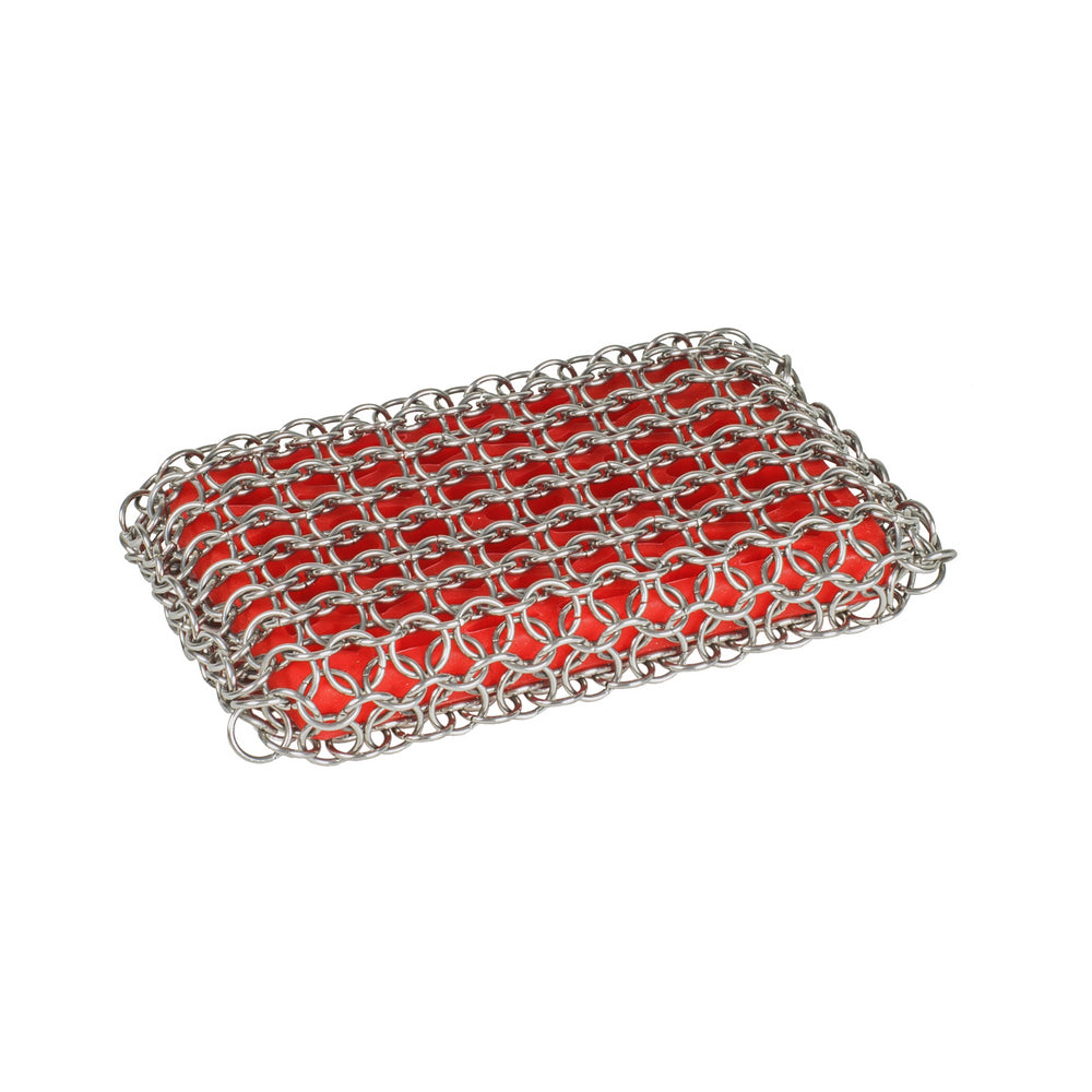 Stainless Steel Chain Mail Scrubber for Cast Iron Pans - Heavy Duty Cleaning Pad for Grill, Cookware & BBQ - Rustproof & Durable Kitchen Scrubber (Red)