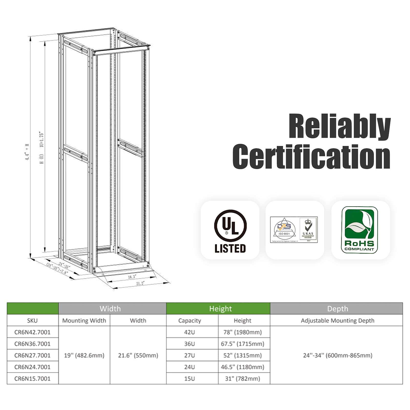 42U 19-Inch Adjustable Depth Aluminum Server Rack - 4 Post Open Frame Rack Enclosure (82 Inch Height) for Data Centers, Home & Office Server Rooms - Perfect for Network Equipment, AV Systems & IT Infrastructure