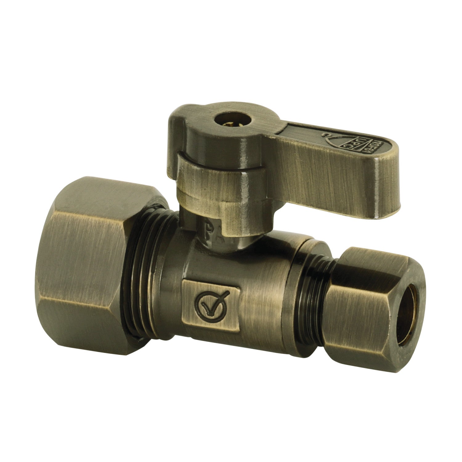 Baseline KF5335AB 5/8 Inch O.D. Comp x 3/8 Inch O.D. Comp Quarter Turn Straight Shut Off Valve in Antique Brass - Perfect for Plumbing, Water Supply Lines, and Appliance Connections