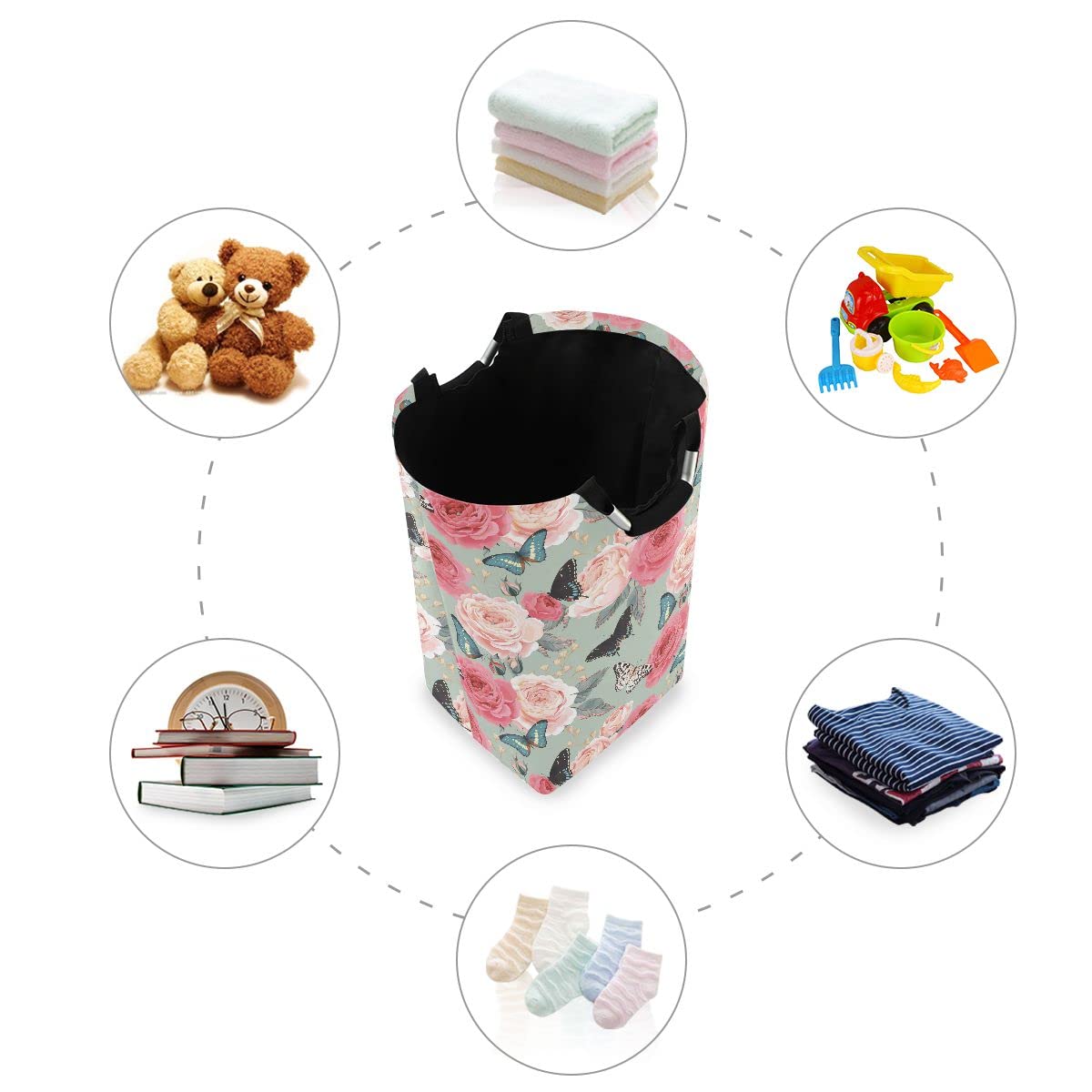 Foldable Collapsible Laundry Basket with Handles - Peony Roses & Butterfly Design for Laundry Room Decor, Bathroom Organization & Storage - Perfect for College Dorms, Apartments and Travel