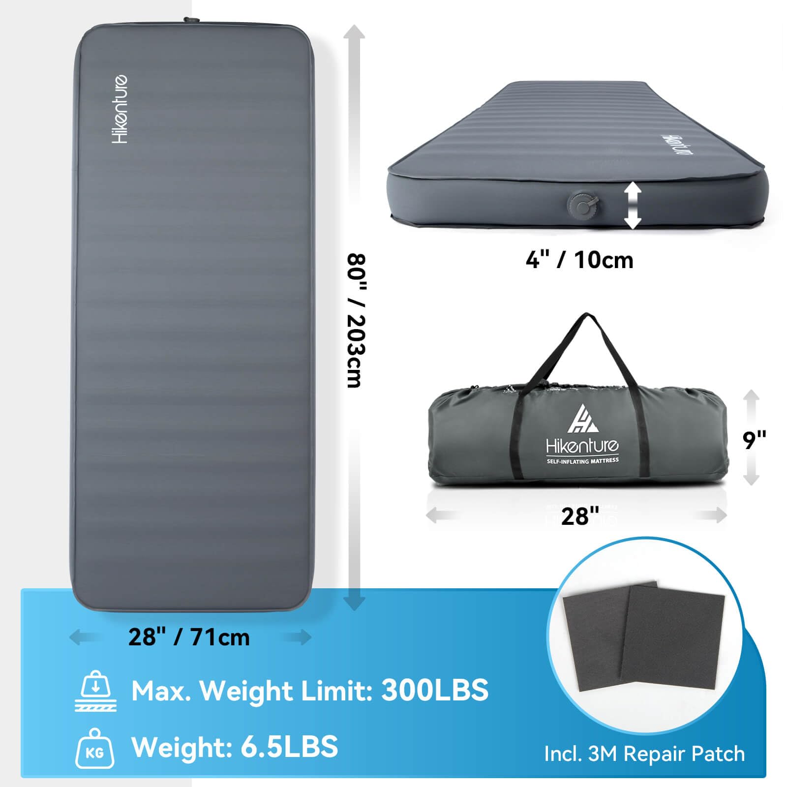 Hikenture 4 Inch Thick Self Inflating Sleeping Pad with 9.5 R Value - Ultra Comfortable Camping Mattress with Pump Sack, Insulated Inflatable Foam Pad for All Seasons | Perfect for Backpacking, Hiking, RV Trips & Outdoor Adventures