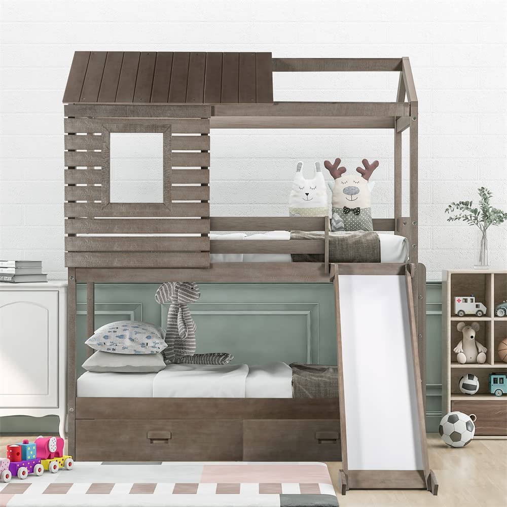 Twin Over Twin Bunk Bed with Storage Drawers, Slide & Ladder - Full-Length Guardrail & Roof - Loft Bed for Kids & Teens - No Box Spring Needed - Antique Gray - Perfect for Small Bedrooms, Dorm Rooms & Kids' Shared Spaces