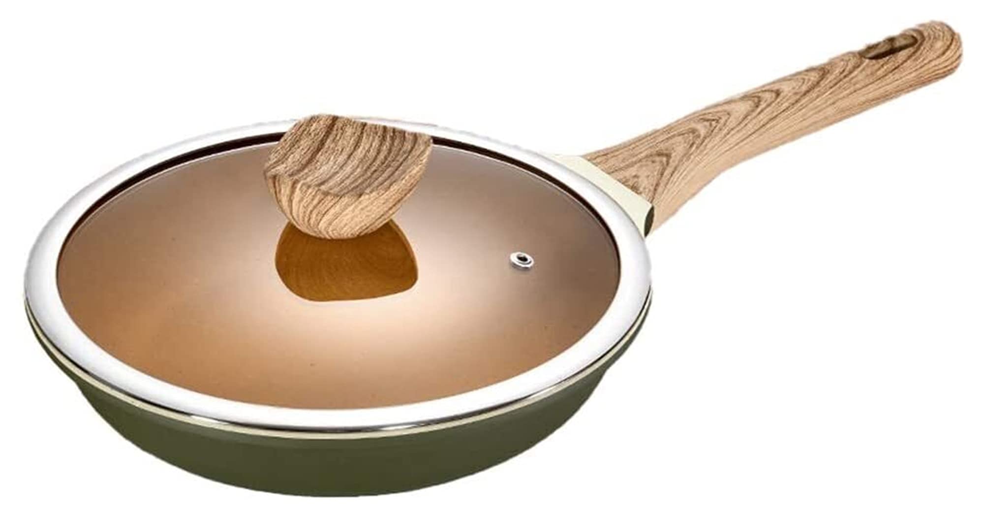 Nonstick Frying Pan with Glass Lid & Wooden Handle - 10 Inch Stone Coated Deep Saute Skillet for Cooking, Frying & Stir-Frying | Perfect for Home Kitchen, Restaurant & Camping (Green)