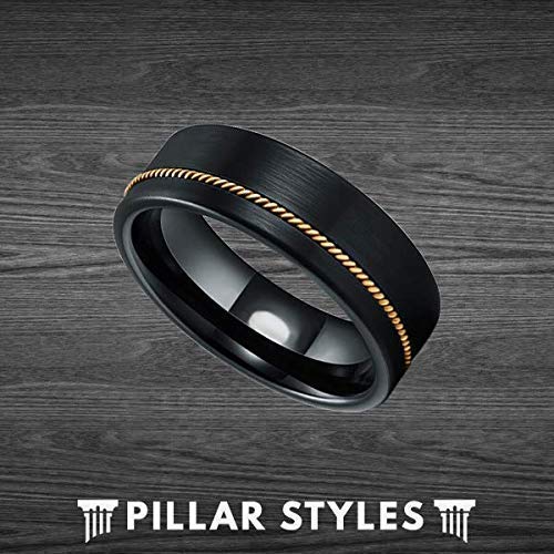 8mm Black Tungsten Guitar String Ring for Men - Offset Bronze Guitar Inlay, Comfort Fit Wedding Band - Perfect Gift for Guitarists & Musicians - Ideal for Performances, Weddings, and Everyday Wear