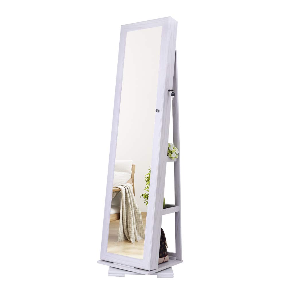 Lykos 360° Rotating Full-Body Mirror Cabinet with PVC Moisture-Proof Film - White Jewelry Storage & Dressing Mirror with Super Storage Space - Perfect for Bedroom, Bathroom & Closet Organization