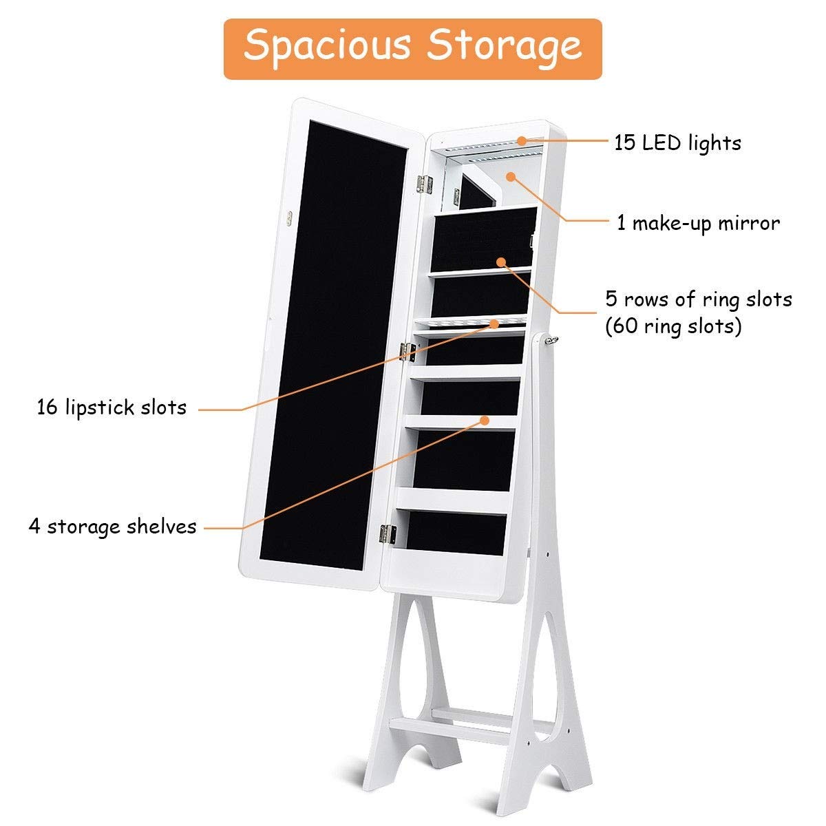 WATERJOY Jewelry Armoire with LED Mirror - Free Standing Jewelry Cabinet Organizer with Lights, White - Perfect for Bedroom, Closet & Dressing Room Organization