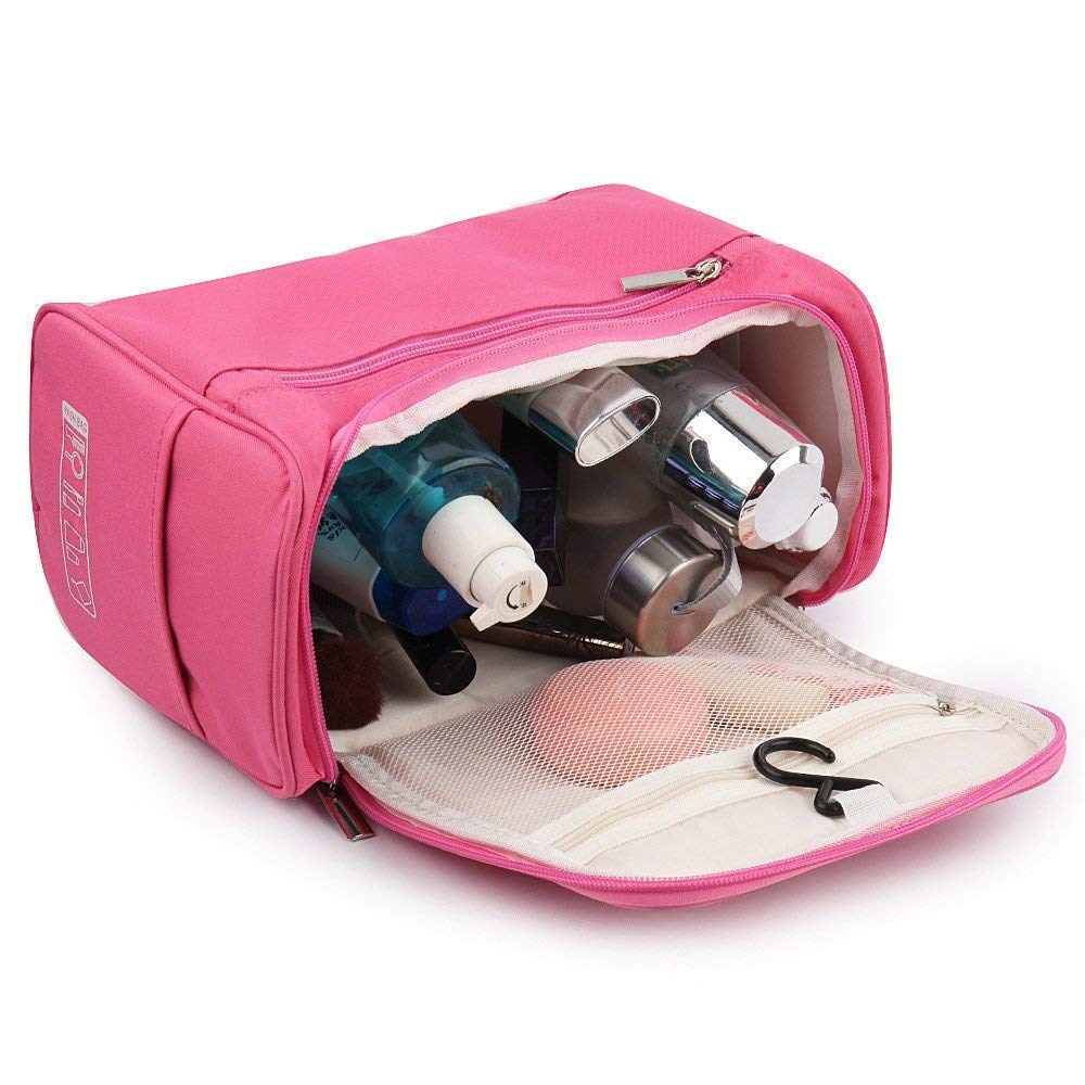 Double Layer Cosmetic Makeup Bag for Women - Waterproof Travel Toiletry Organizer with Hanging Hook | Perfect for Travel, Gym & Daily Use | Pink Makeup Brush Pouch & Grooming Kit (Pink)