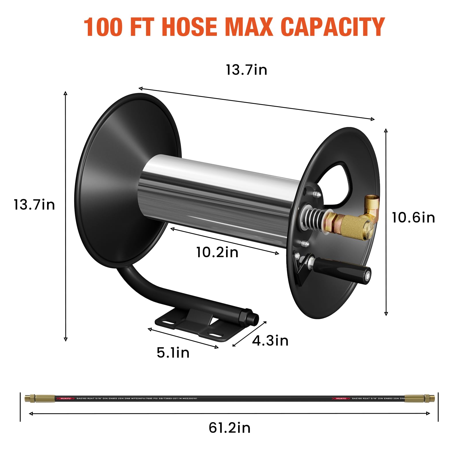 **100FT Heavy Duty Pressure Washer Hose Reel with Hand Crank - 3/8