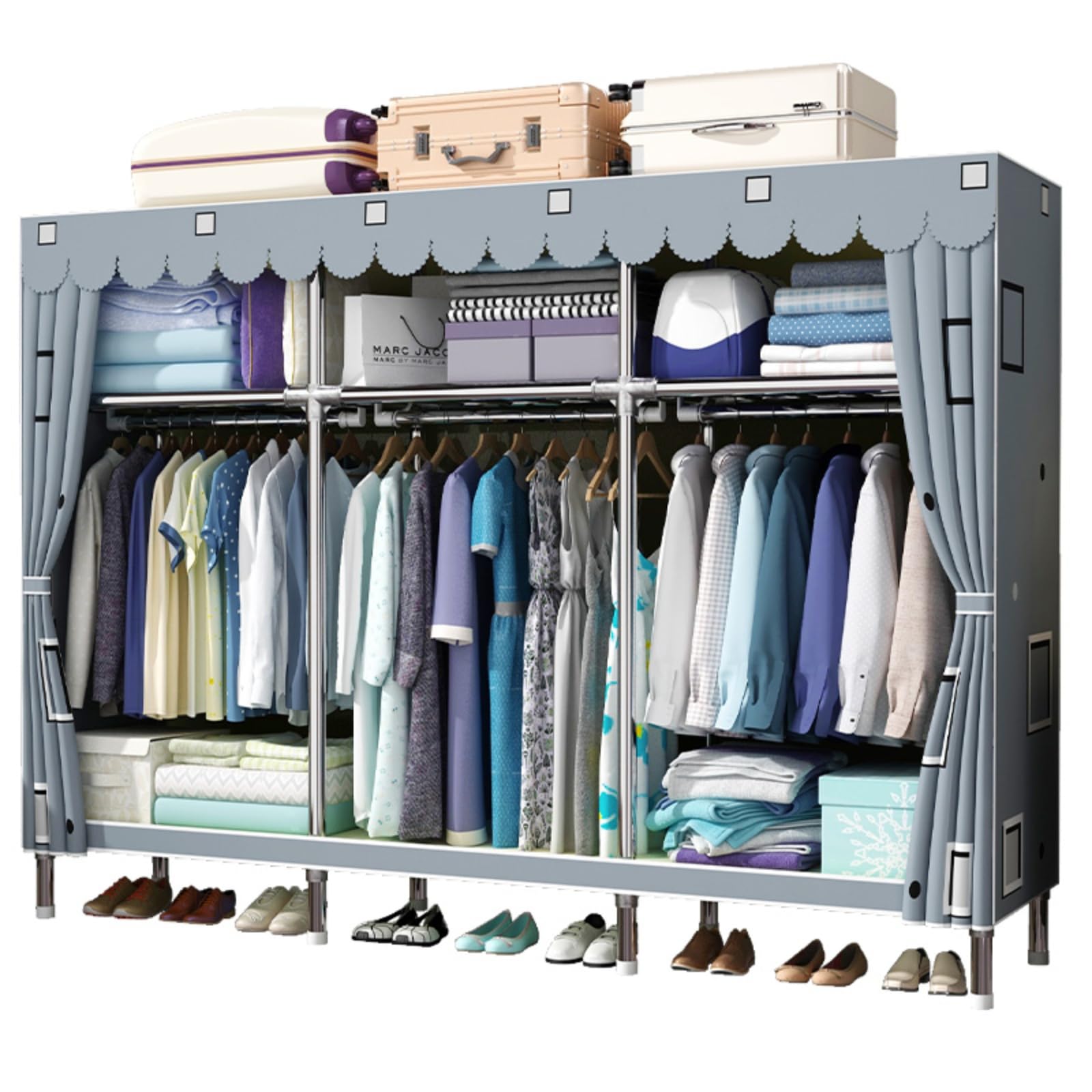 76-Inch Portable Wardrobe Closet with 23MM Thick Steel Frame & Polyester/Cotton Cover - Phantasy Blue | Heavy-Duty Clothes Storage Organizer for Bedroom, Closet, Dorm, Apartment | Space-Saving Solution for Seasonal Clothing & Accessories